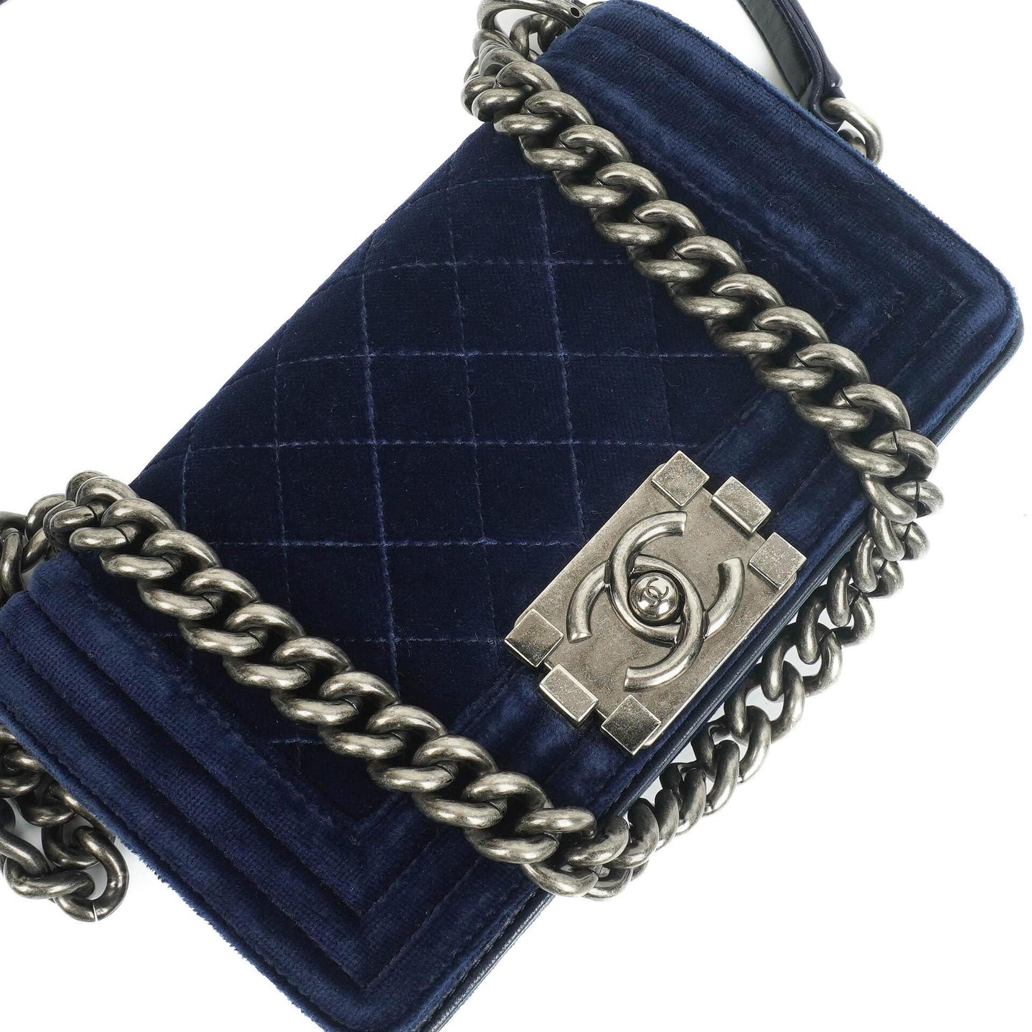 Chanel Small Boy Flap Bag Blue Velvet Ruthenium Hardware