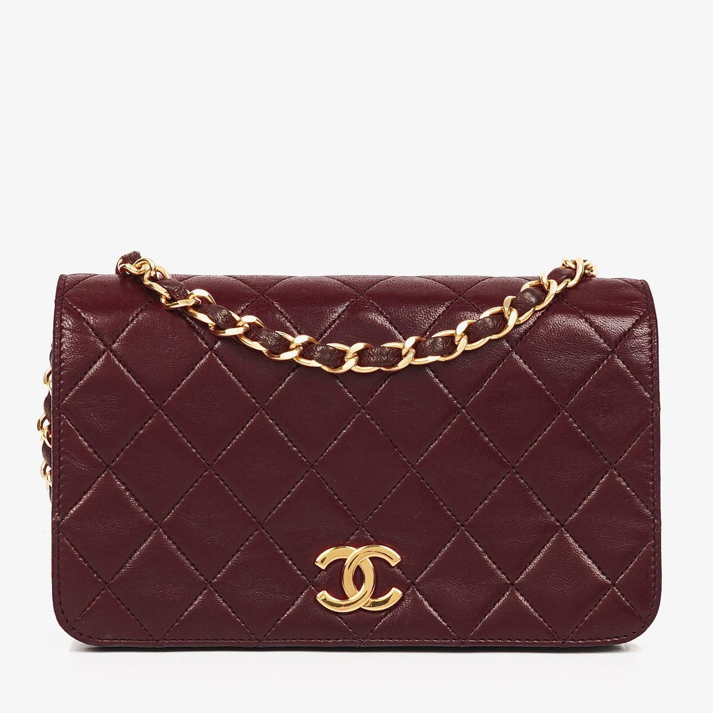 Chanel Bordeaux Mini Classic Quilted Lambskin Full Flap Wallet On Chain WOC With 24K Gold-Plated Hardware