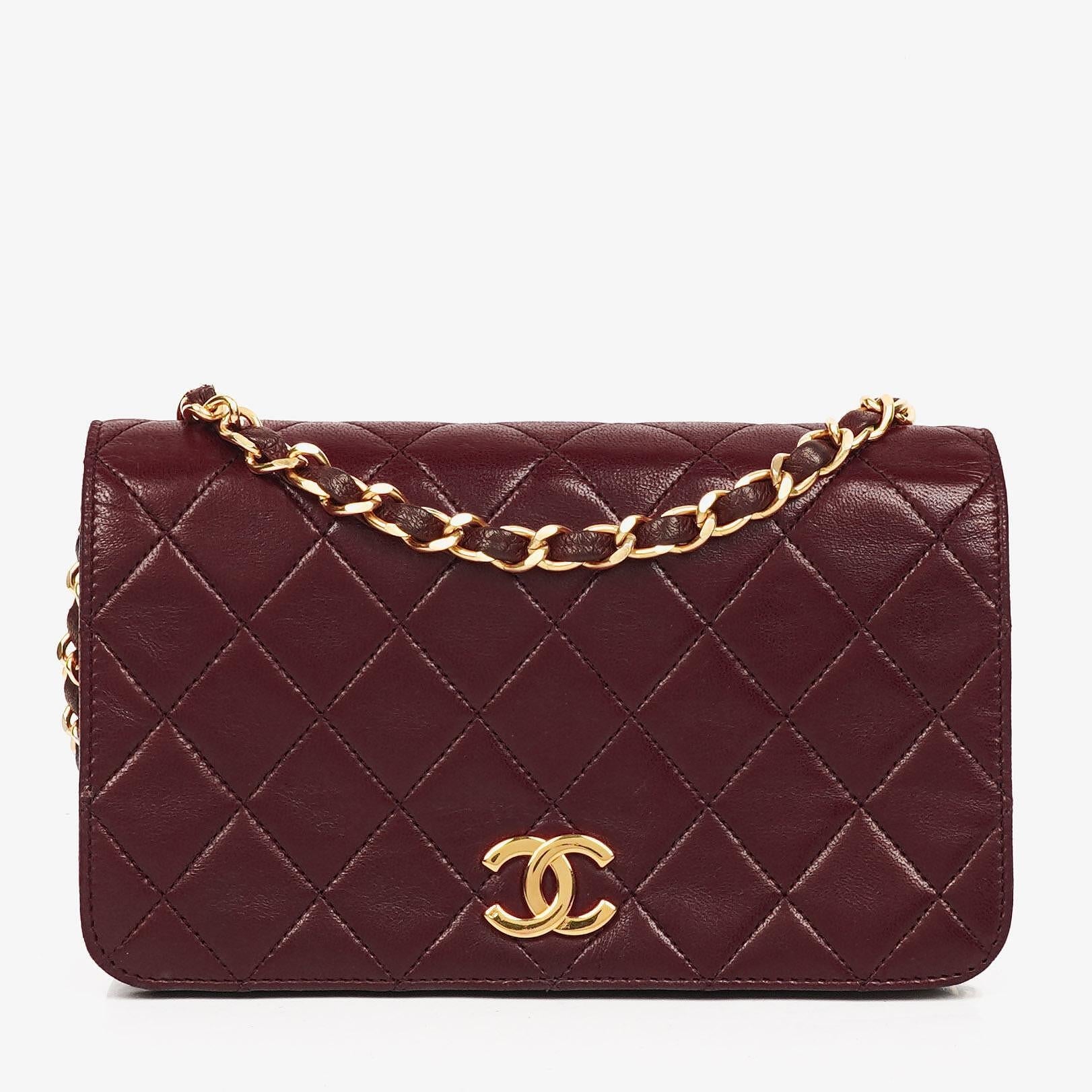 Chanel Bordeaux Mini Classic Quilted Lambskin Full Flap Wallet On Chain WOC With 24K Gold-Plated Hardware