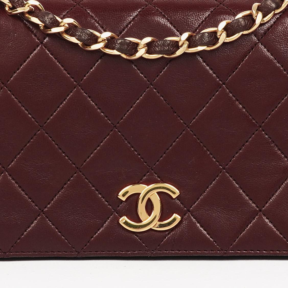 Chanel Bordeaux Mini Classic Quilted Lambskin Full Flap Wallet On Chain WOC With 24K Gold-Plated Hardware