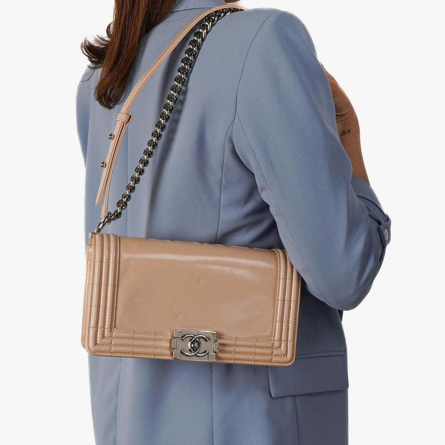 Chanel Boy Flap Bag in Beige Patent Leather