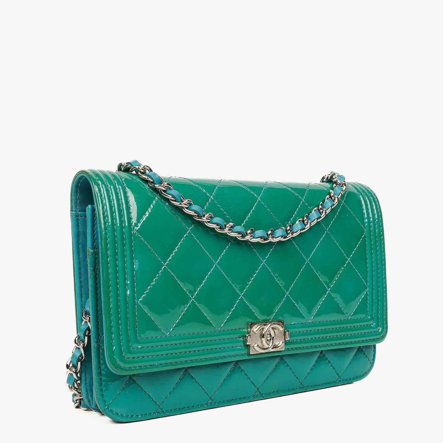 Chanel Boy Wallet On Chain Bag Turquoise Patent Leather Silver-Tone Hardware