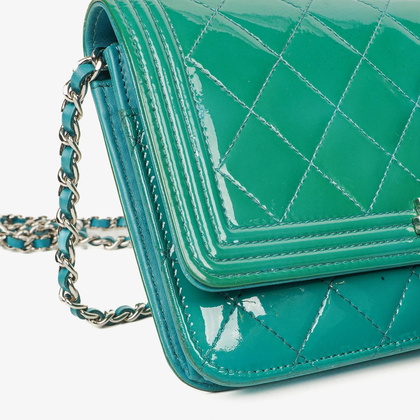 Chanel Boy Wallet On Chain Bag Turquoise Patent Leather Silver-Tone Hardware
