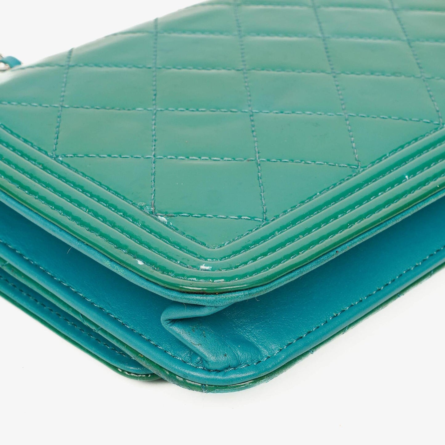 Chanel Boy Wallet On Chain Bag Turquoise Patent Leather Silver-Tone Hardware