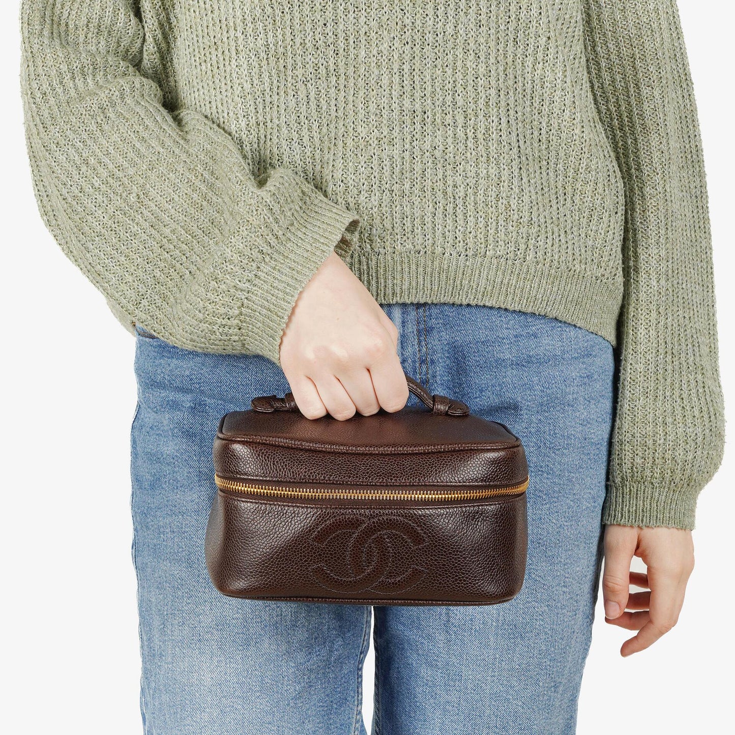 Chanel Brown Caviar Quilted Leather Timeless Cosmetic Case