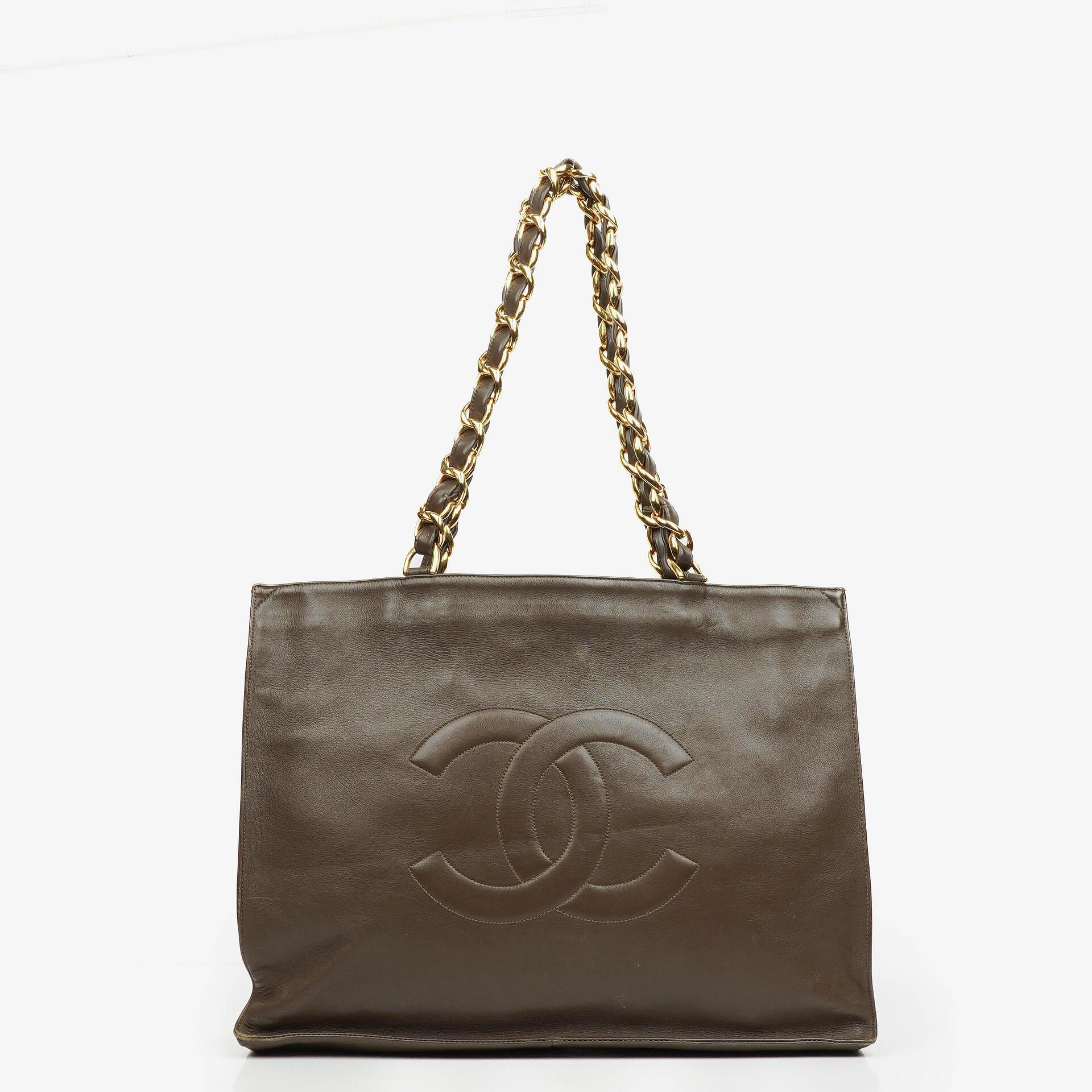 Chanel Brown Leather CC Logo Chain Tote Bag