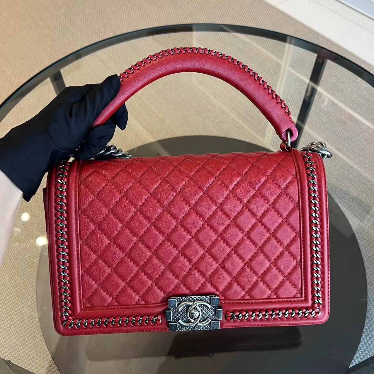 Chanel Calfskin Boy Handle New Medium 28CM Quilted Leboy Palladium Silver Hardware Series 23
