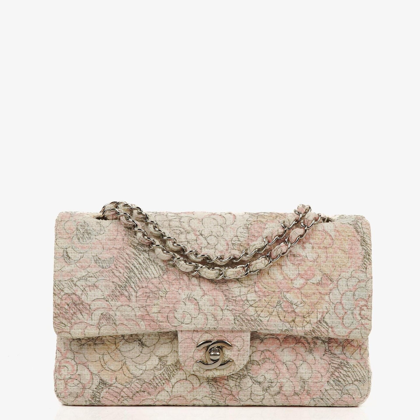 Chanel Camellia Limited Edition Print Tweed Medium Double Flap Bag Silver-Tone Hardware