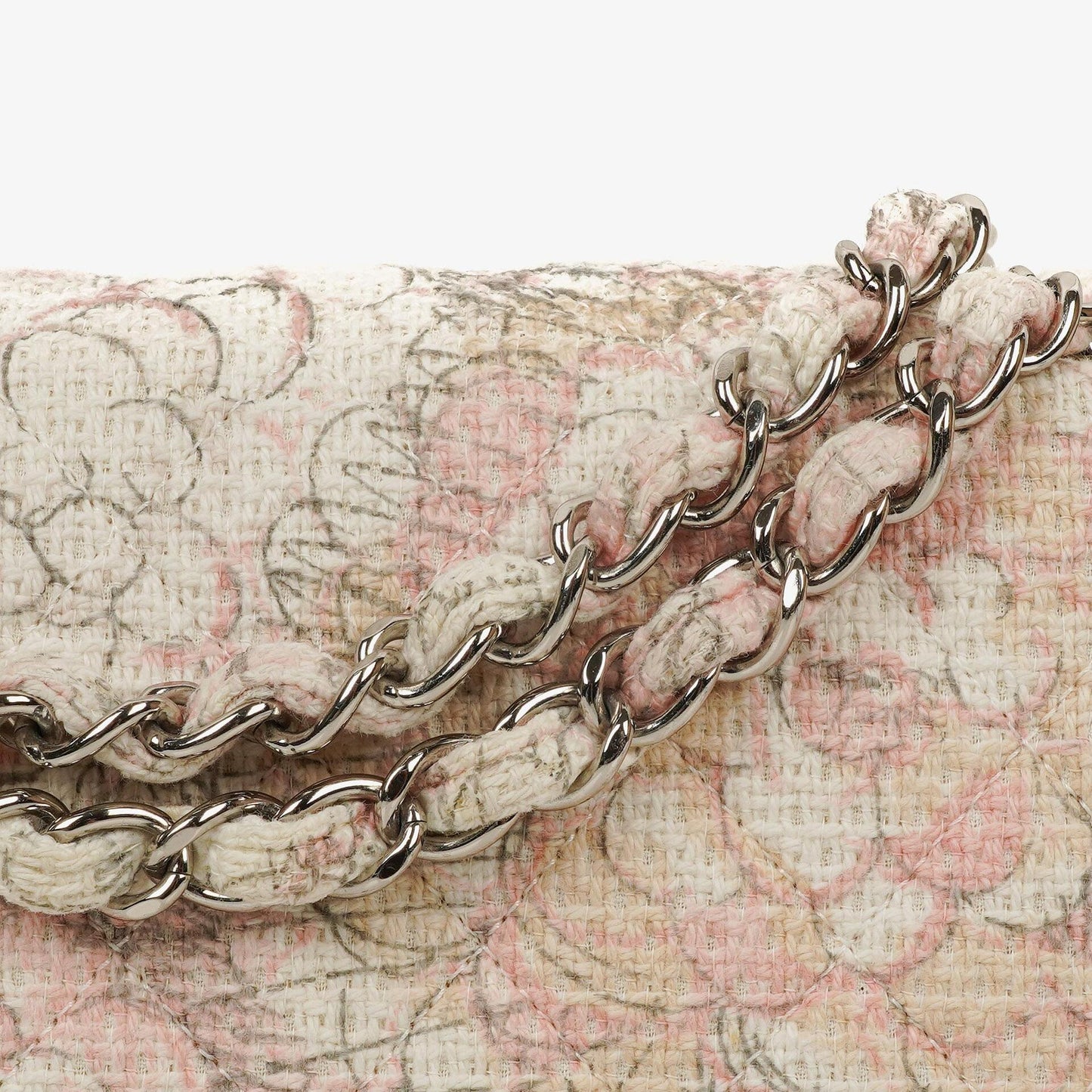 Chanel Camellia Limited Edition Print Tweed Medium Double Flap Bag Silver-Tone Hardware