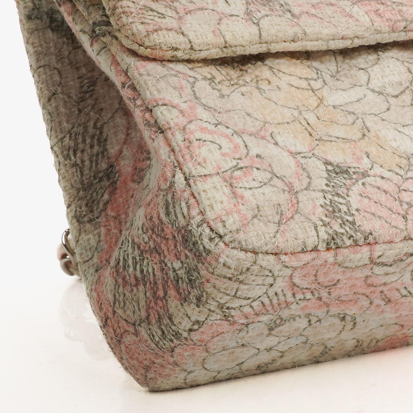 Chanel Camellia Limited Edition Print Tweed Medium Double Flap Bag Silver-Tone Hardware