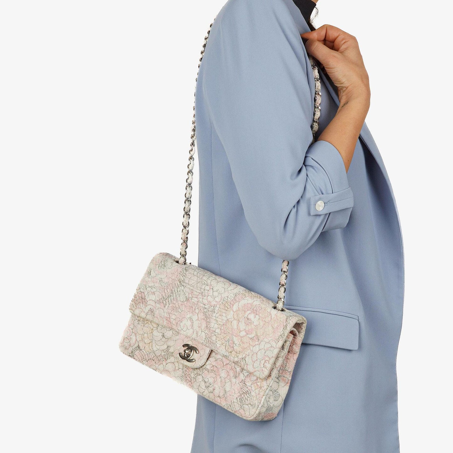 Chanel Camellia Limited Edition Print Tweed Medium Double Flap Bag Silver-Tone Hardware