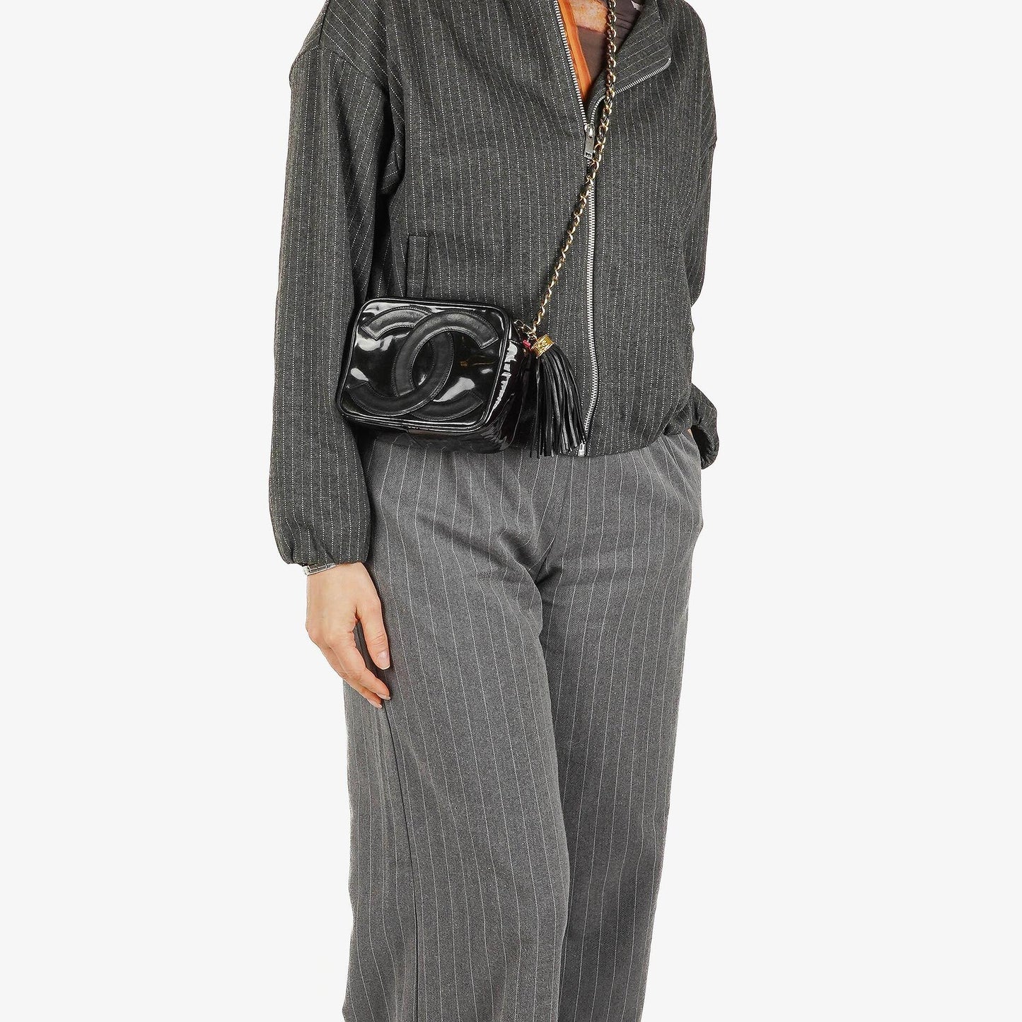 Chanel Camera CC Small Black Patent Leather Tassel Shoulder Bag