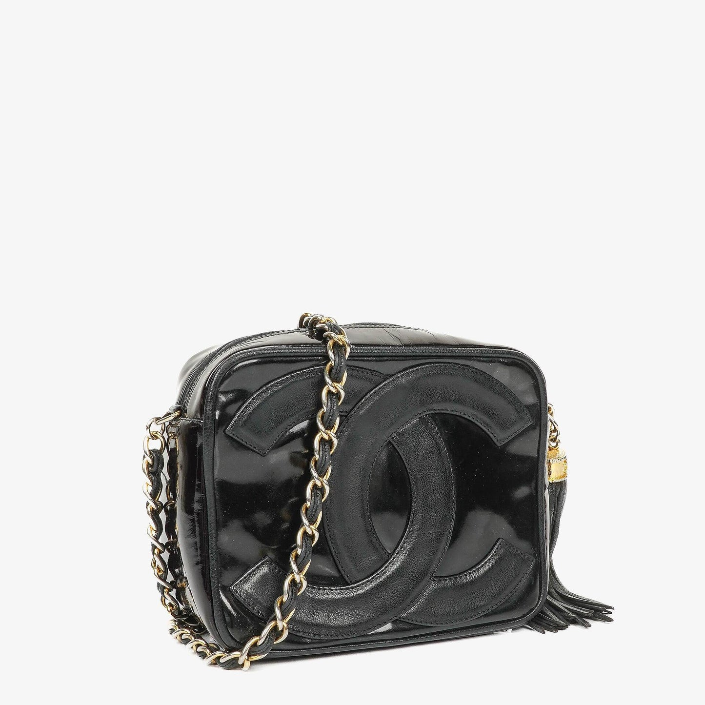 Chanel Camera CC Small Black Patent Leather Tassel Shoulder Bag