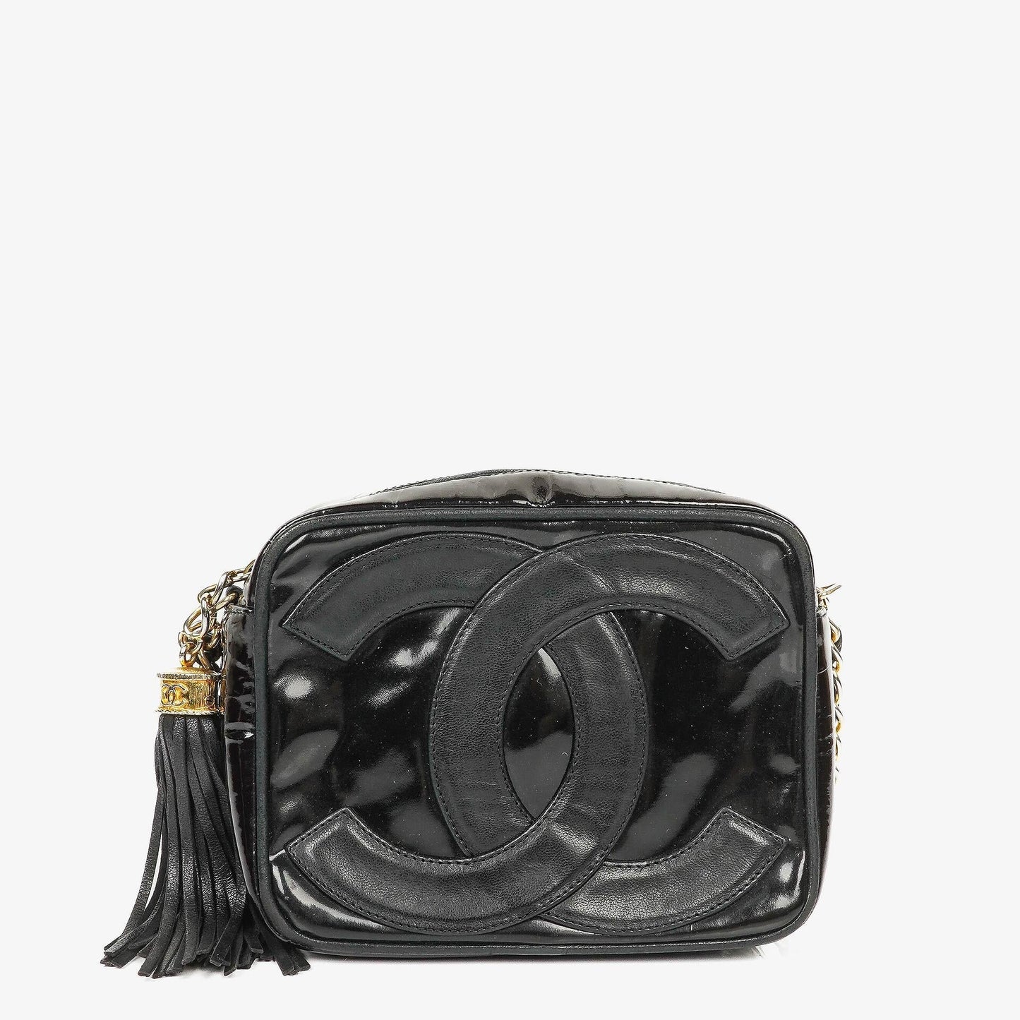 Chanel Camera CC Small Black Patent Leather Tassel Shoulder Bag