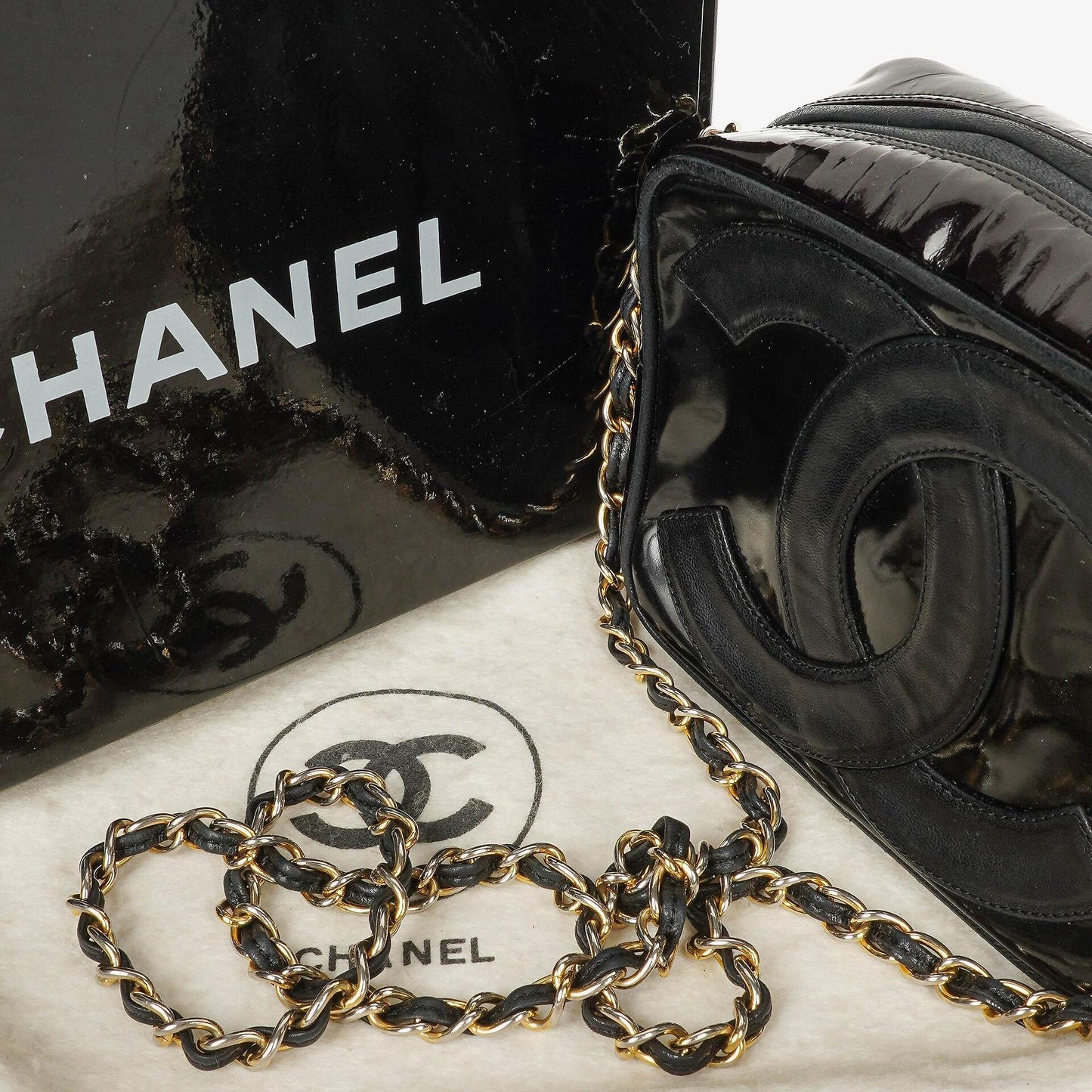 Chanel Camera CC Small Black Patent Leather Tassel Shoulder Bag