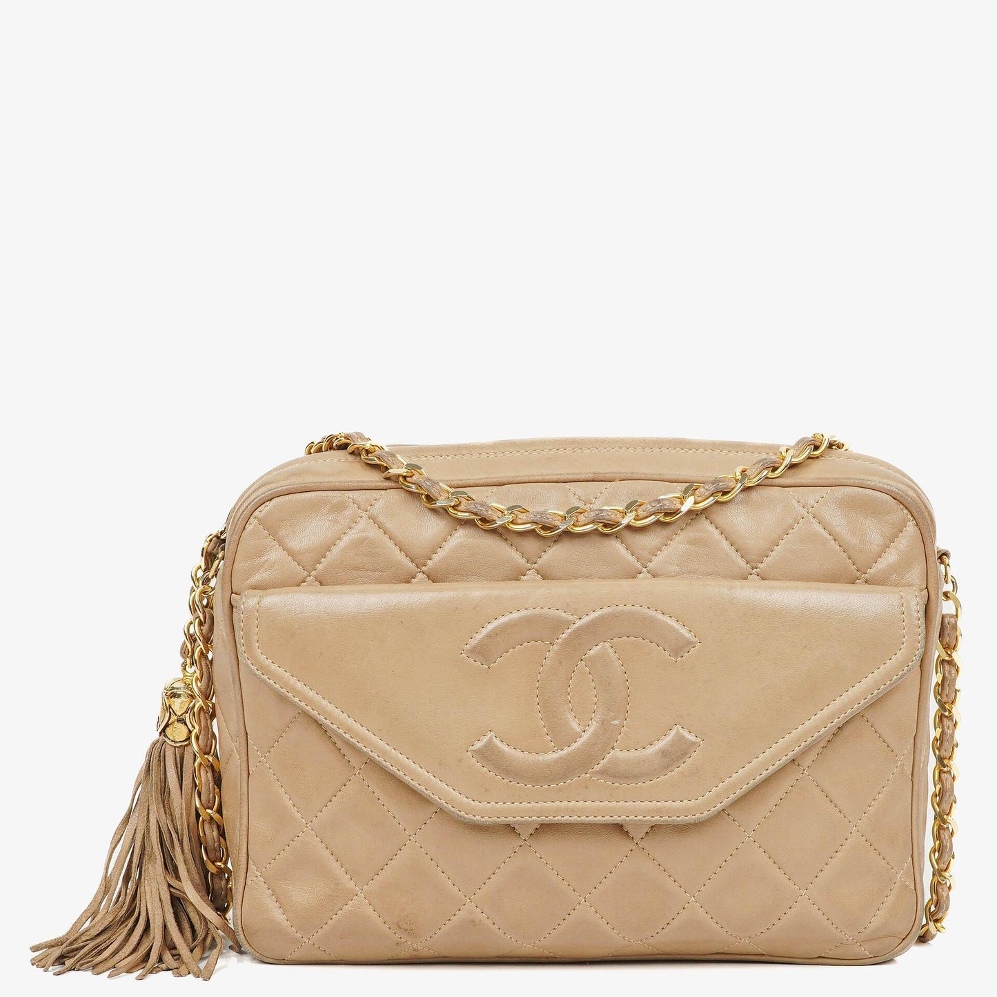 Chanel Camera Tassel CC Beige Quilted Lambskin Bag