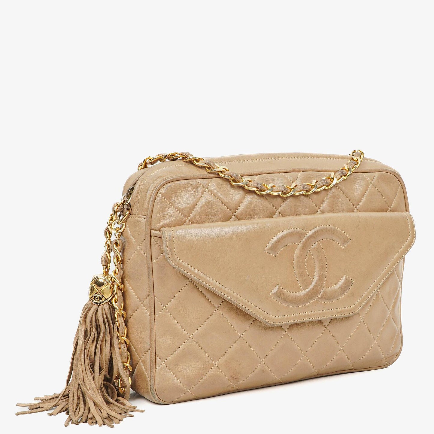 Chanel Camera Tassel CC Beige Quilted Lambskin Bag