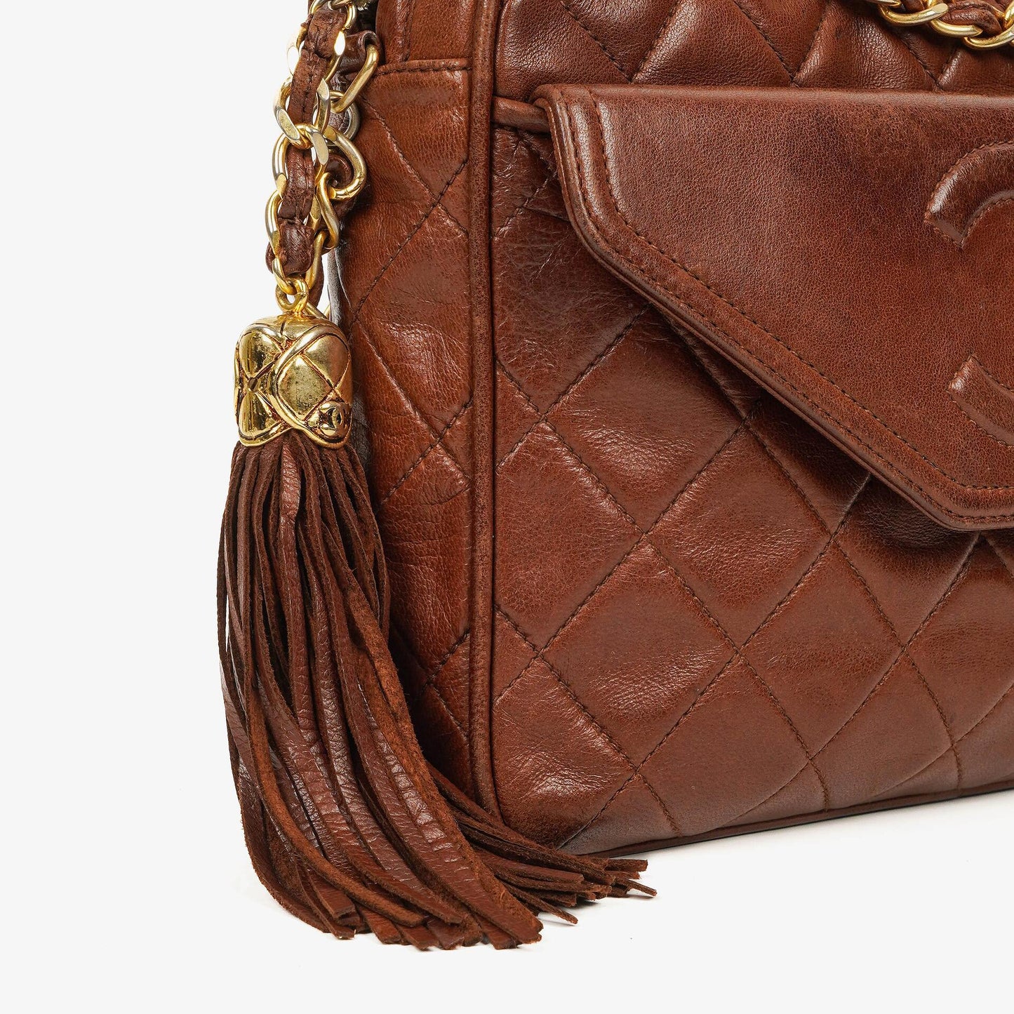 Chanel Camera Tassel CC Brown Quilted Lambskin Bag