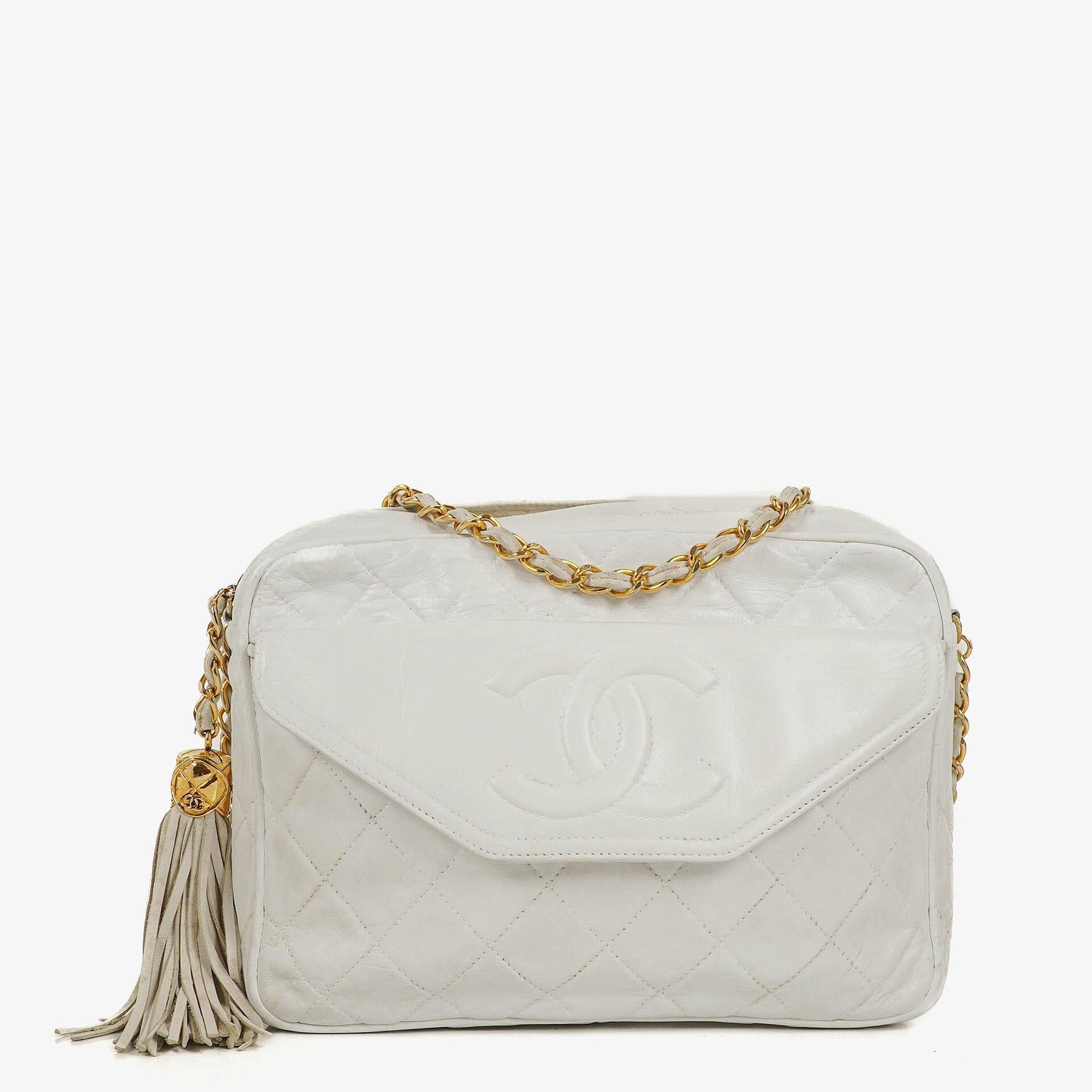 Chanel Camera Tassel CC White Quilted Lambskin Bag