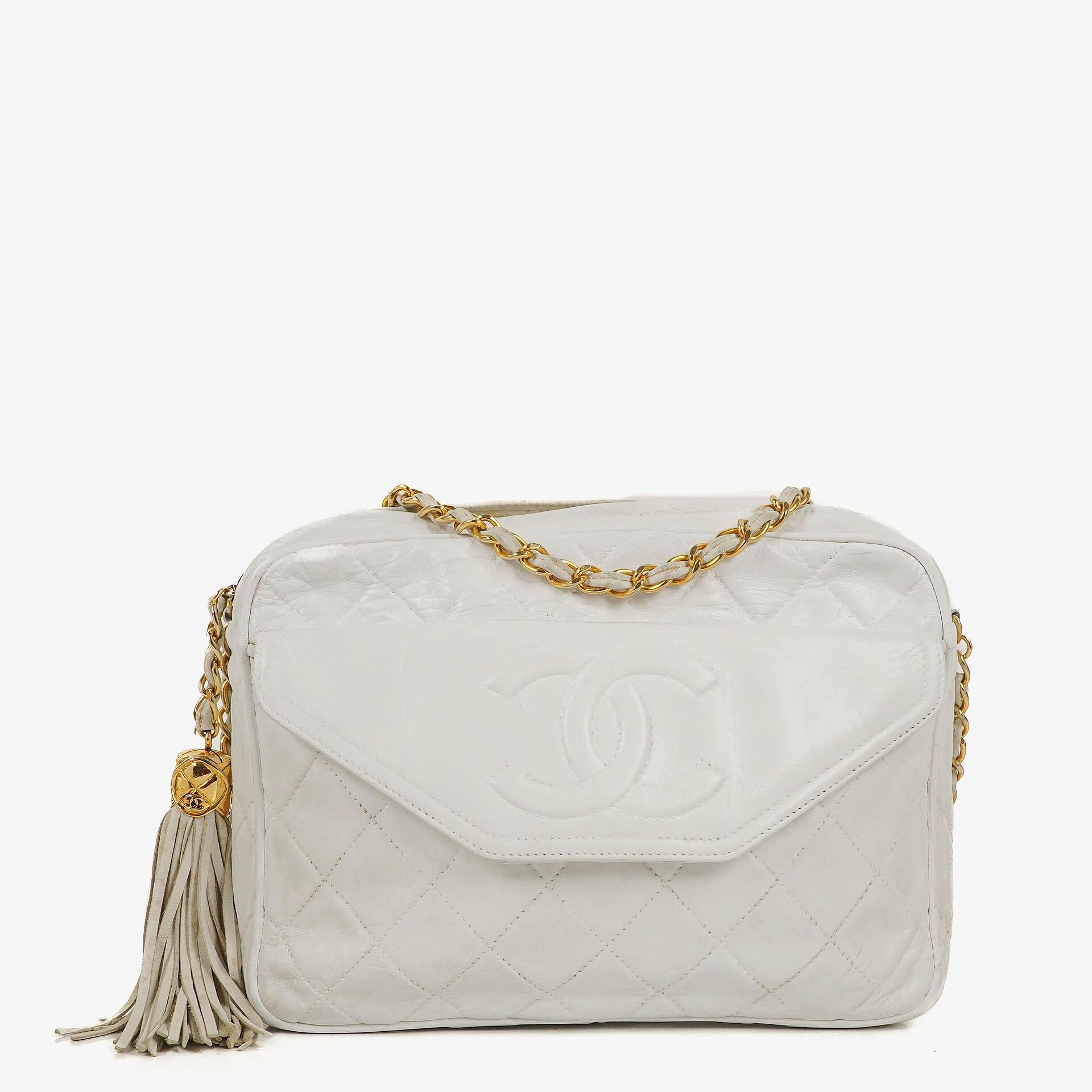 Chanel Camera Tassel CC White Quilted Lambskin Bag