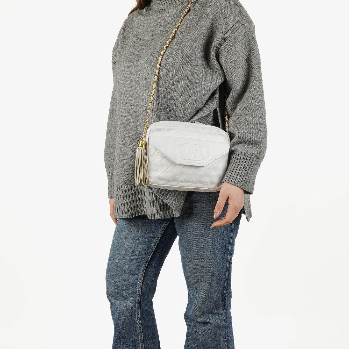 Chanel Camera Tassel CC White Quilted Lambskin Bag
