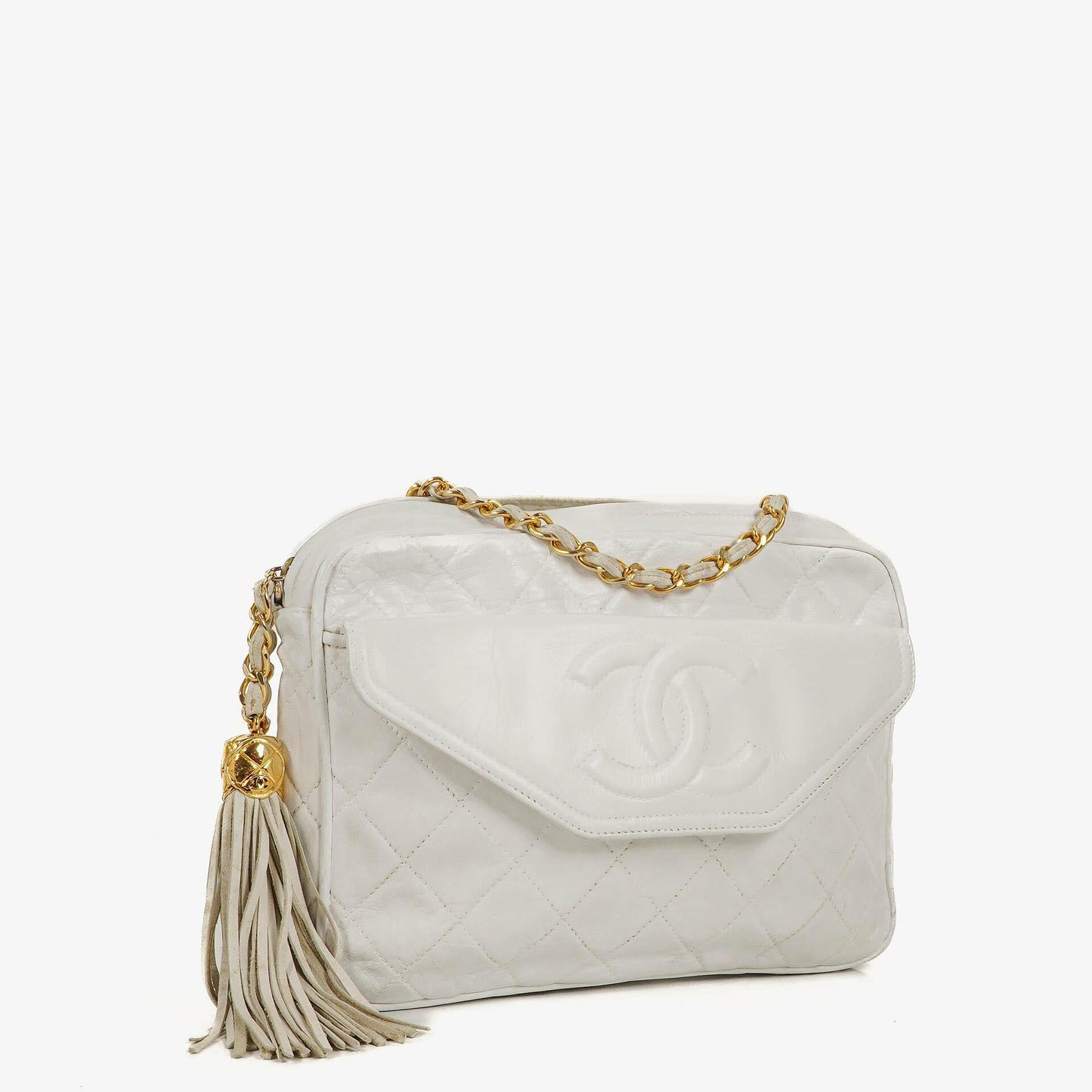 Chanel Camera Tassel CC White Quilted Lambskin Bag