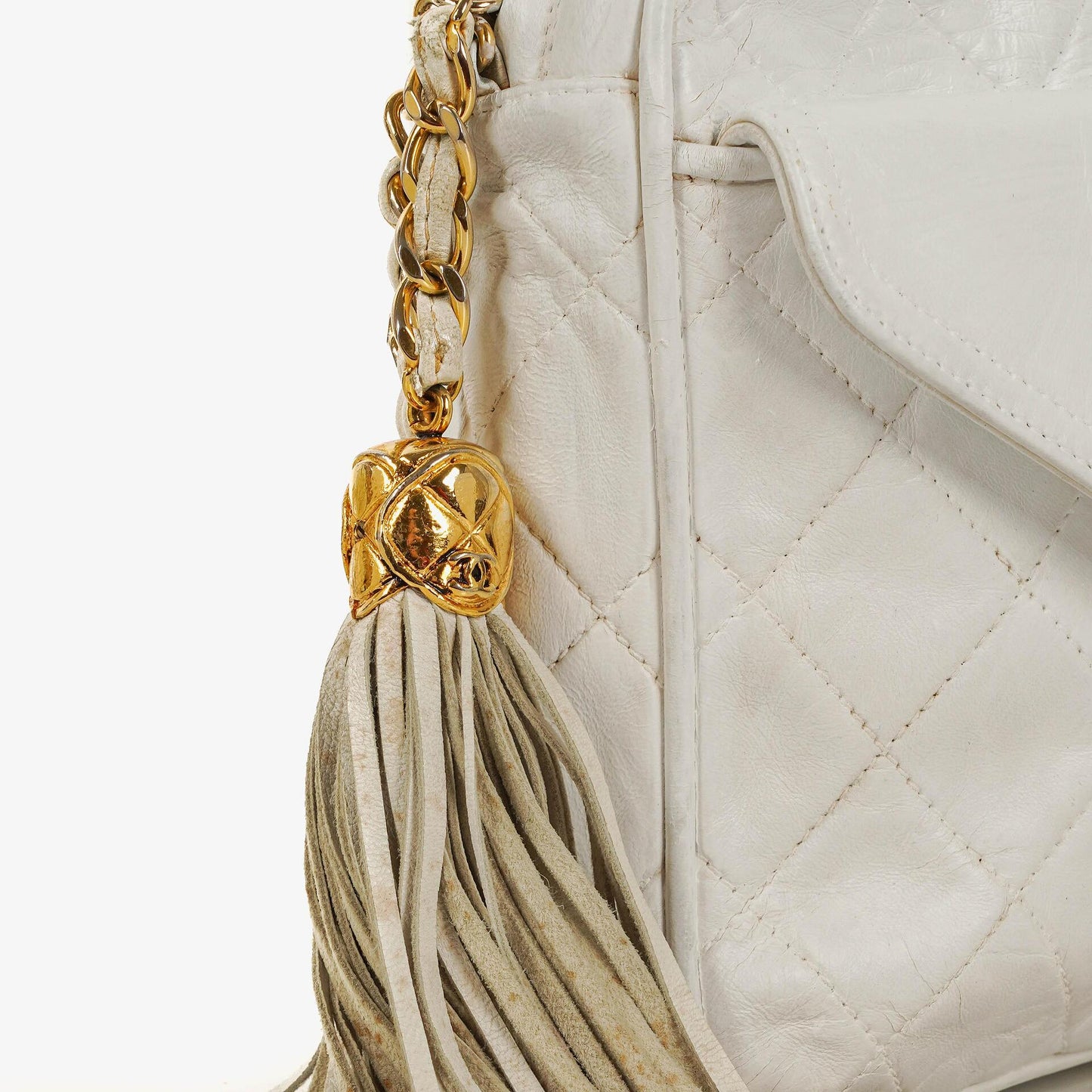 Chanel Camera Tassel CC White Quilted Lambskin Bag
