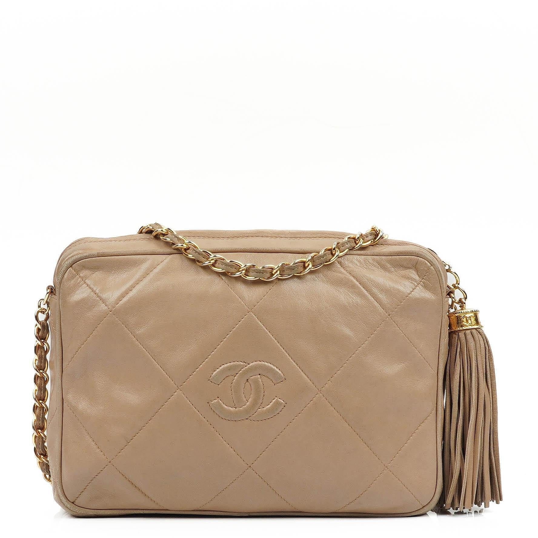 Chanel Camera Tassel In Beige Quilted Lambskin