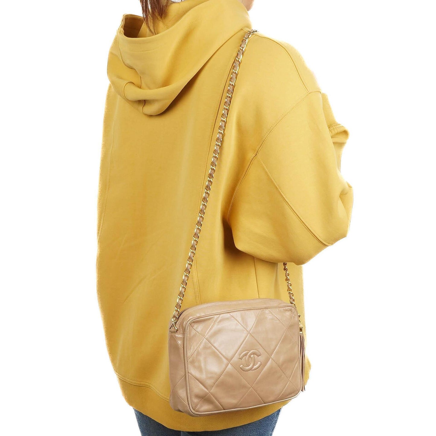 Chanel Camera Tassel In Beige Quilted Lambskin