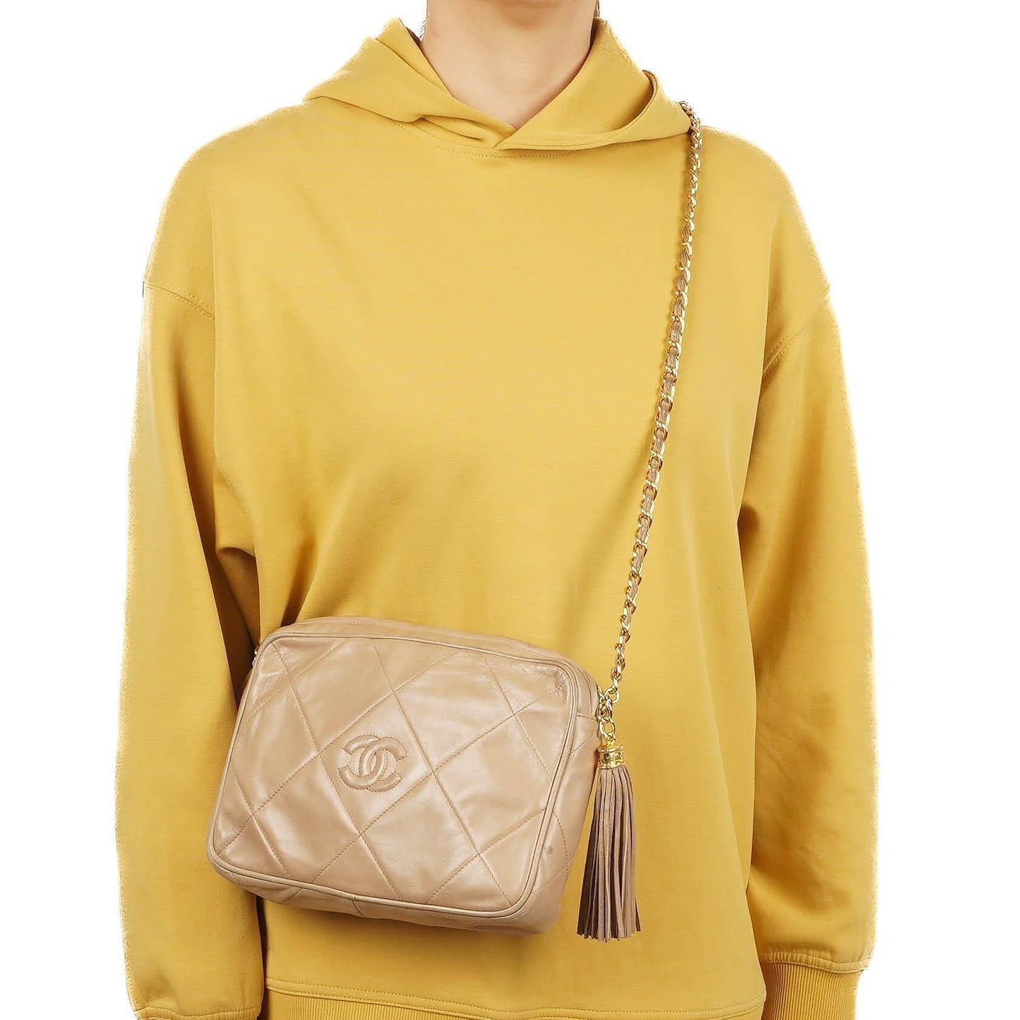 Chanel Camera Tassel In Beige Quilted Lambskin