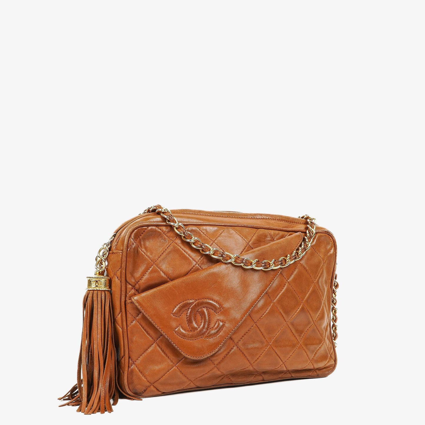 Chanel Camera Tassel Small Brown Quilted Lambskin CC Front Pocket