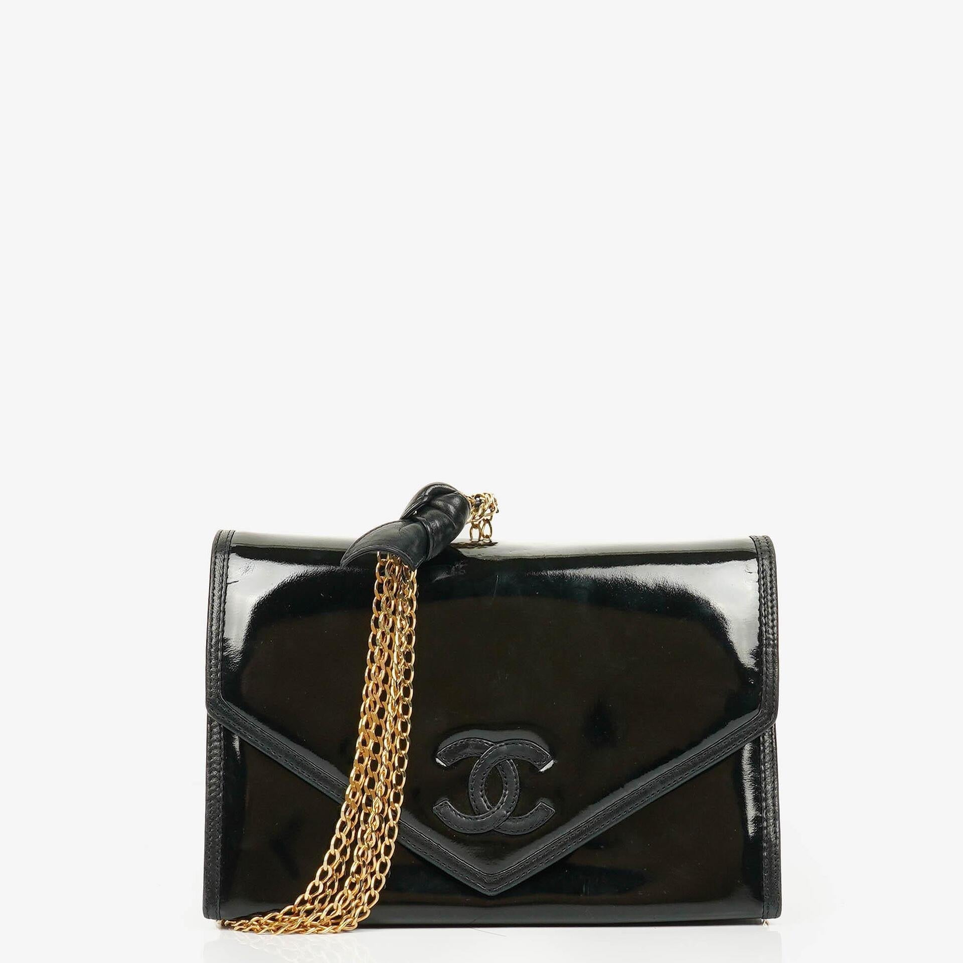 Chanel CC Black Envelope Patent Leather Multi Chain Shoulder Bag