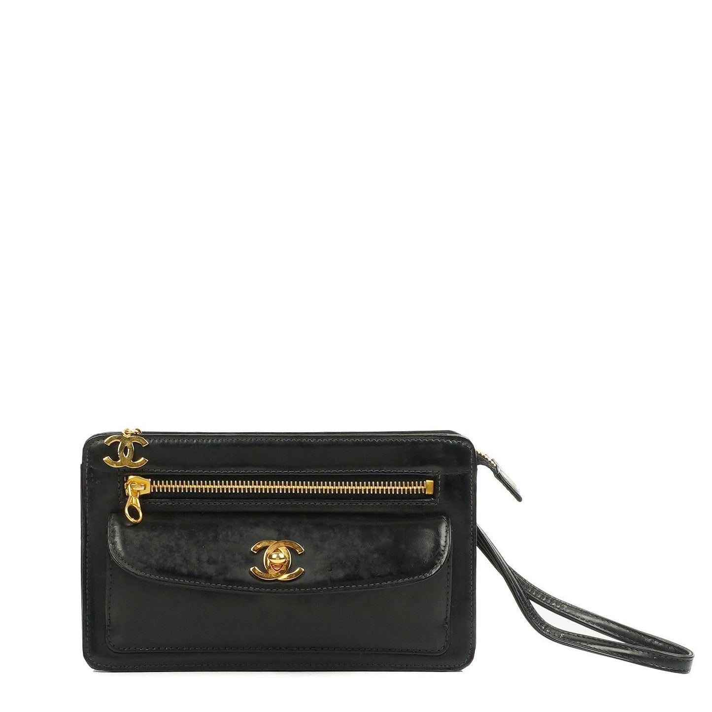 Chanel CC Black Leather Wristlet Bag 24K Gold-Plated Hardware, 1996-1997