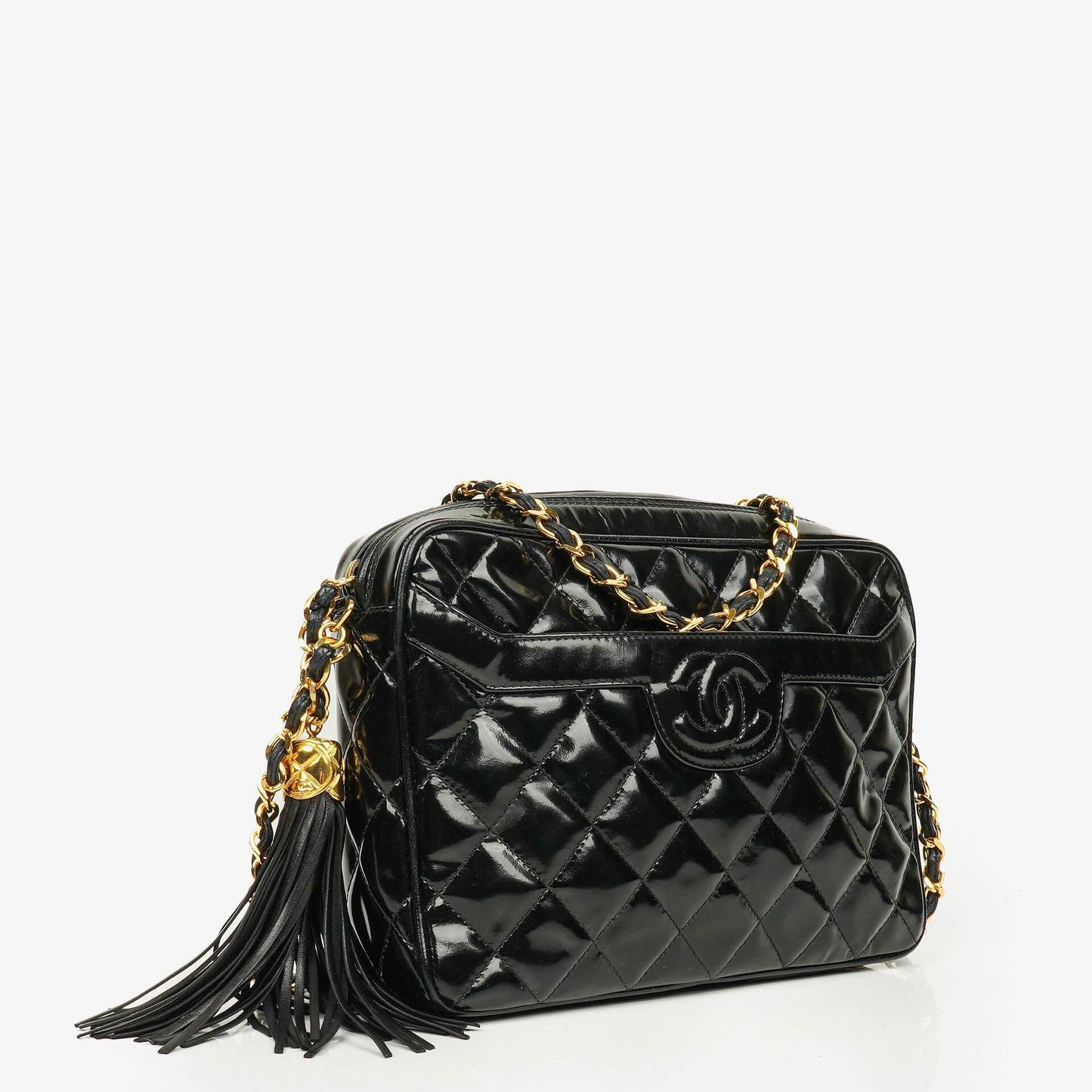 Chanel CC Black Quilted Patent Leather Camera Tassel Bag