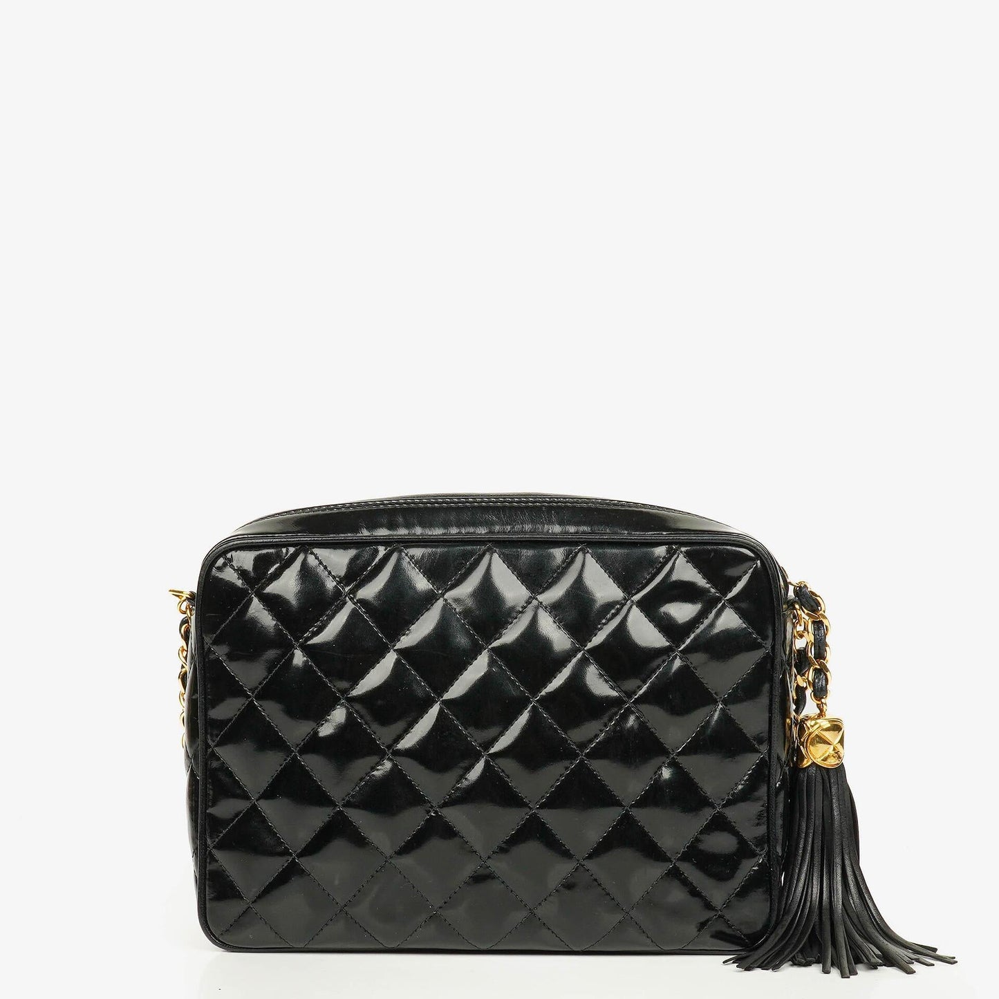 Chanel CC Black Quilted Patent Leather Camera Tassel Bag