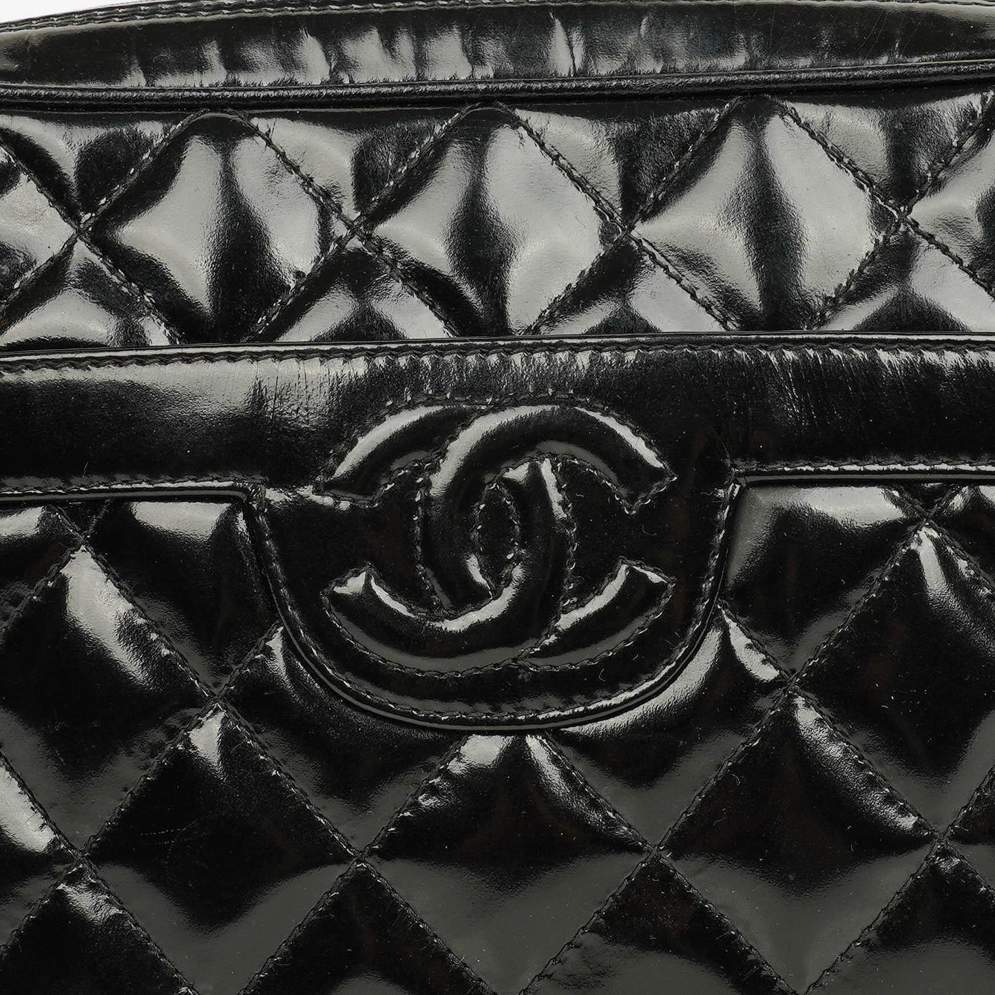 Chanel CC Black Quilted Patent Leather Camera Tassel Bag