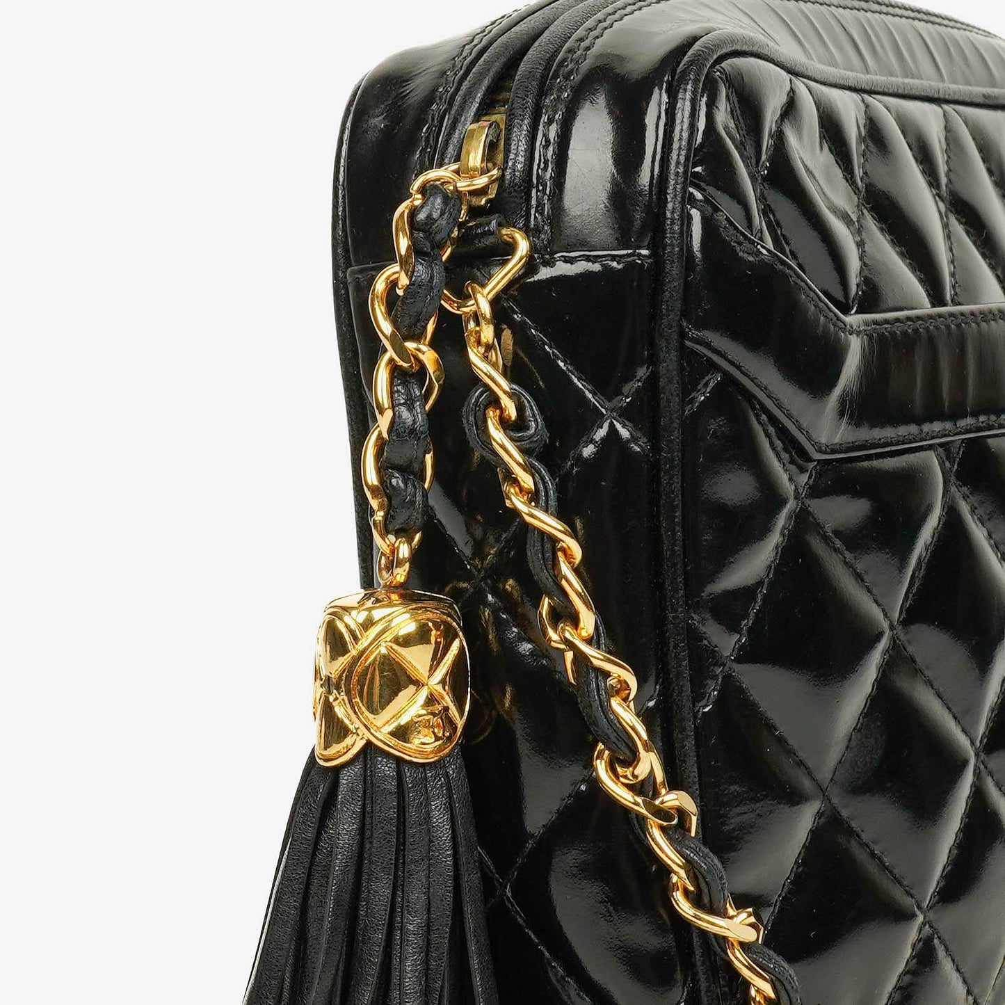 Chanel CC Black Quilted Patent Leather Camera Tassel Bag