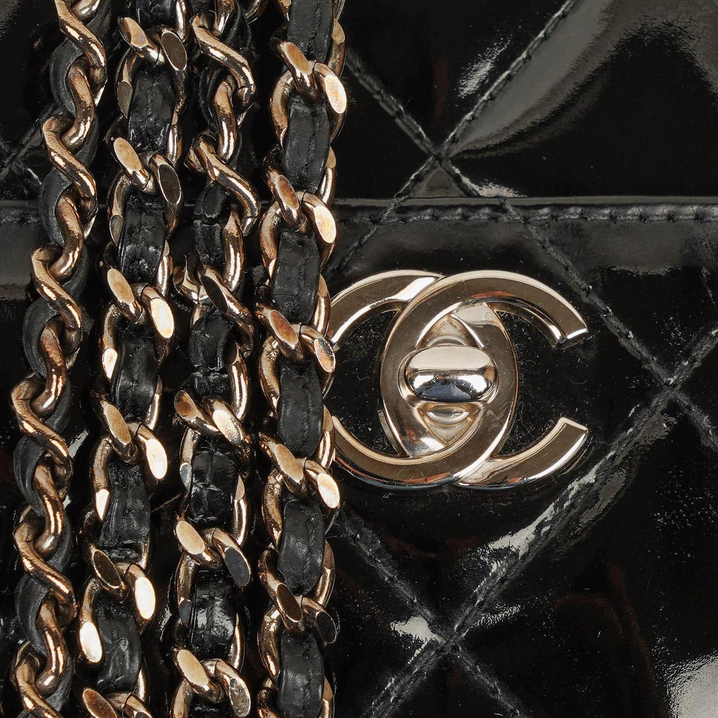 Chanel CC Front Pocket Black Quilted Patent Leather Small Tote Bag