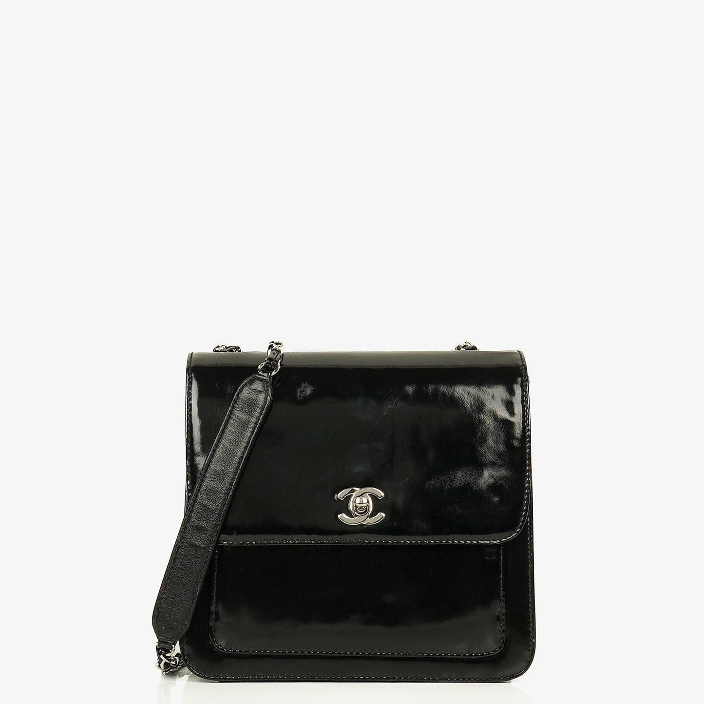 Chanel CC Square Black Patent Leather Flap Bag