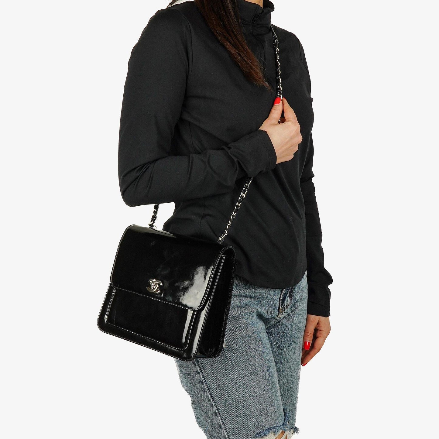 Chanel CC Square Black Patent Leather Flap Bag