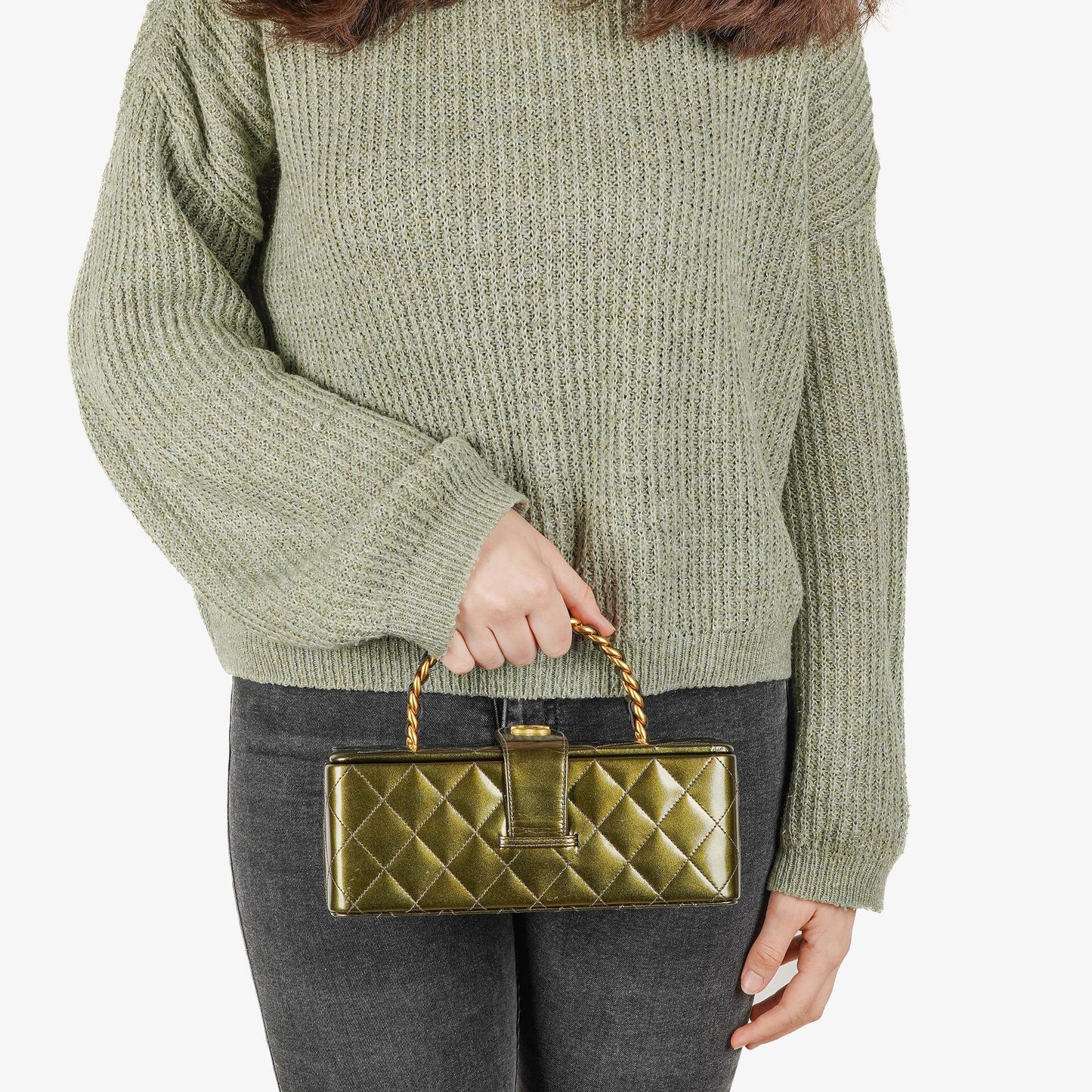 Chanel CC Vanity Case Olive Green Iridescent Quilted Patent Leather