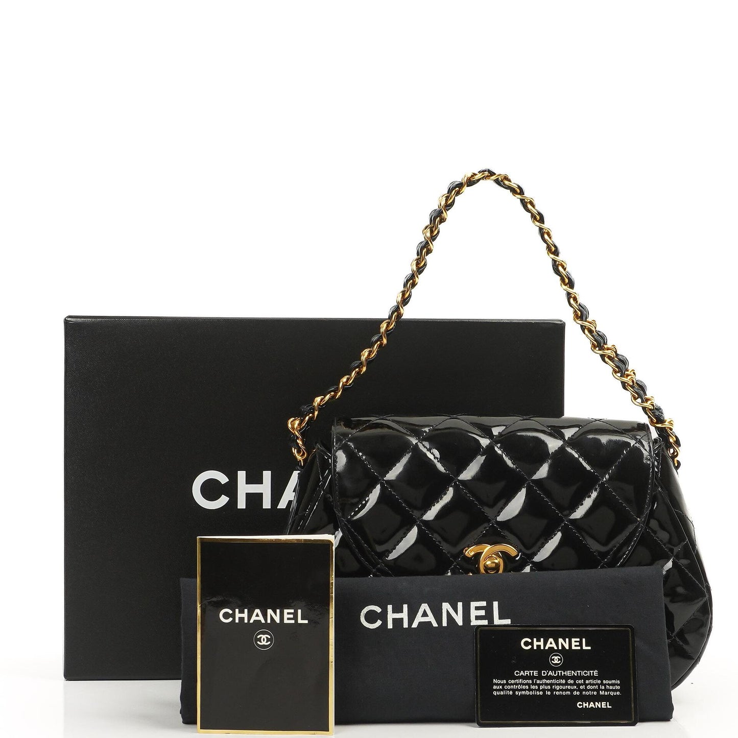 Chanel Chain Top Handle Single Flap Bag Black Quilted Patent Leather 24K Gold-Plated Hardware