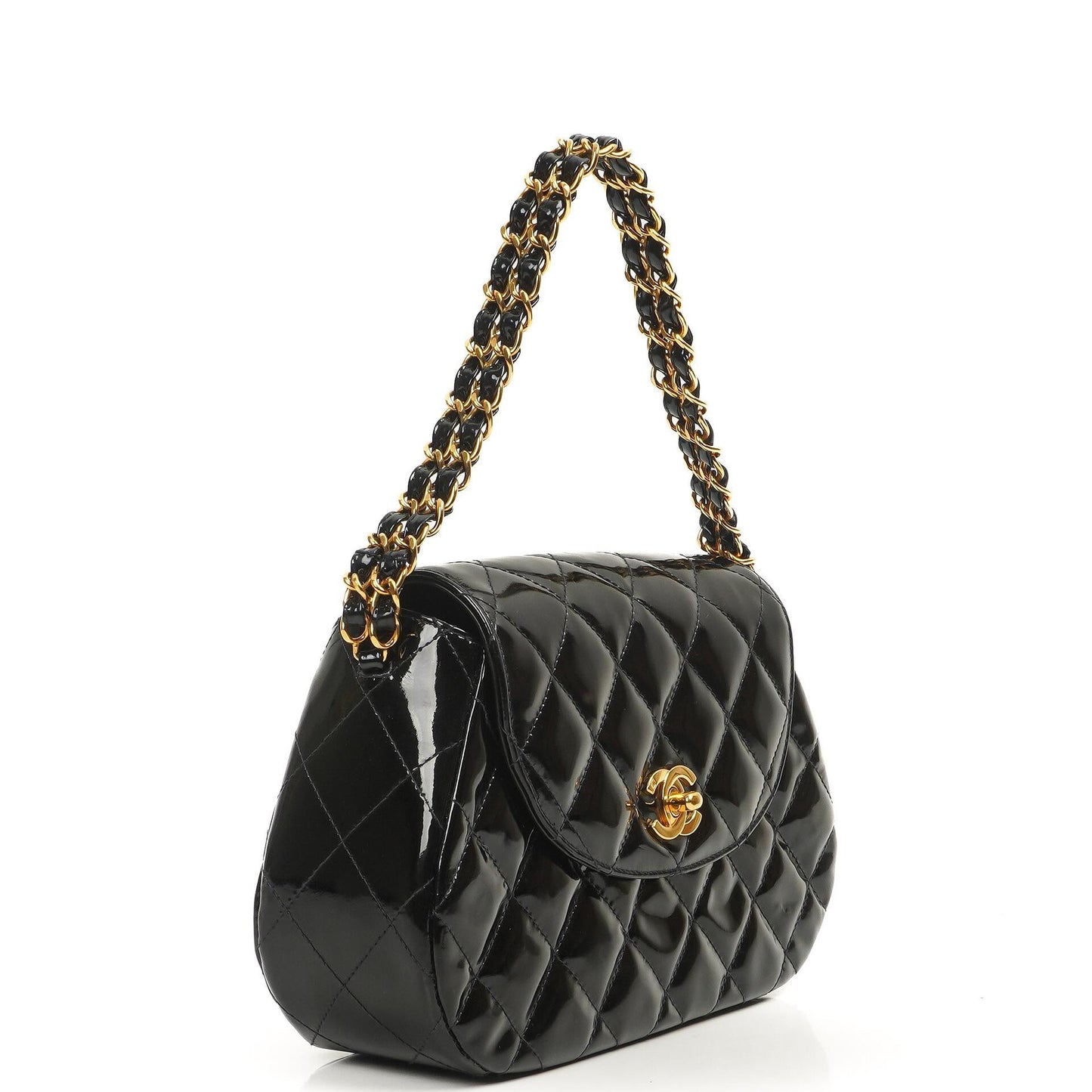 Chanel Chain Top Handle Single Flap Bag Black Quilted Patent Leather 24K Gold-Plated Hardware
