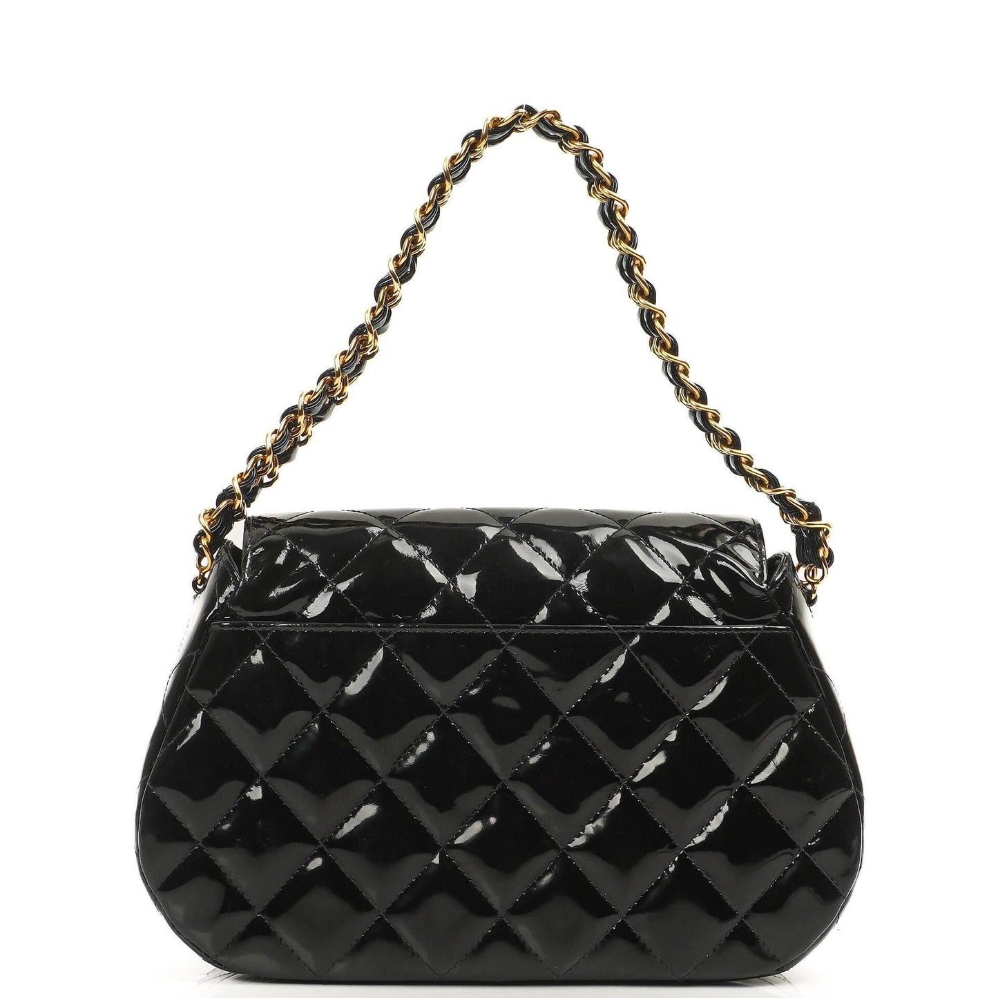 Chanel Chain Top Handle Single Flap Bag Black Quilted Patent Leather 24K Gold-Plated Hardware