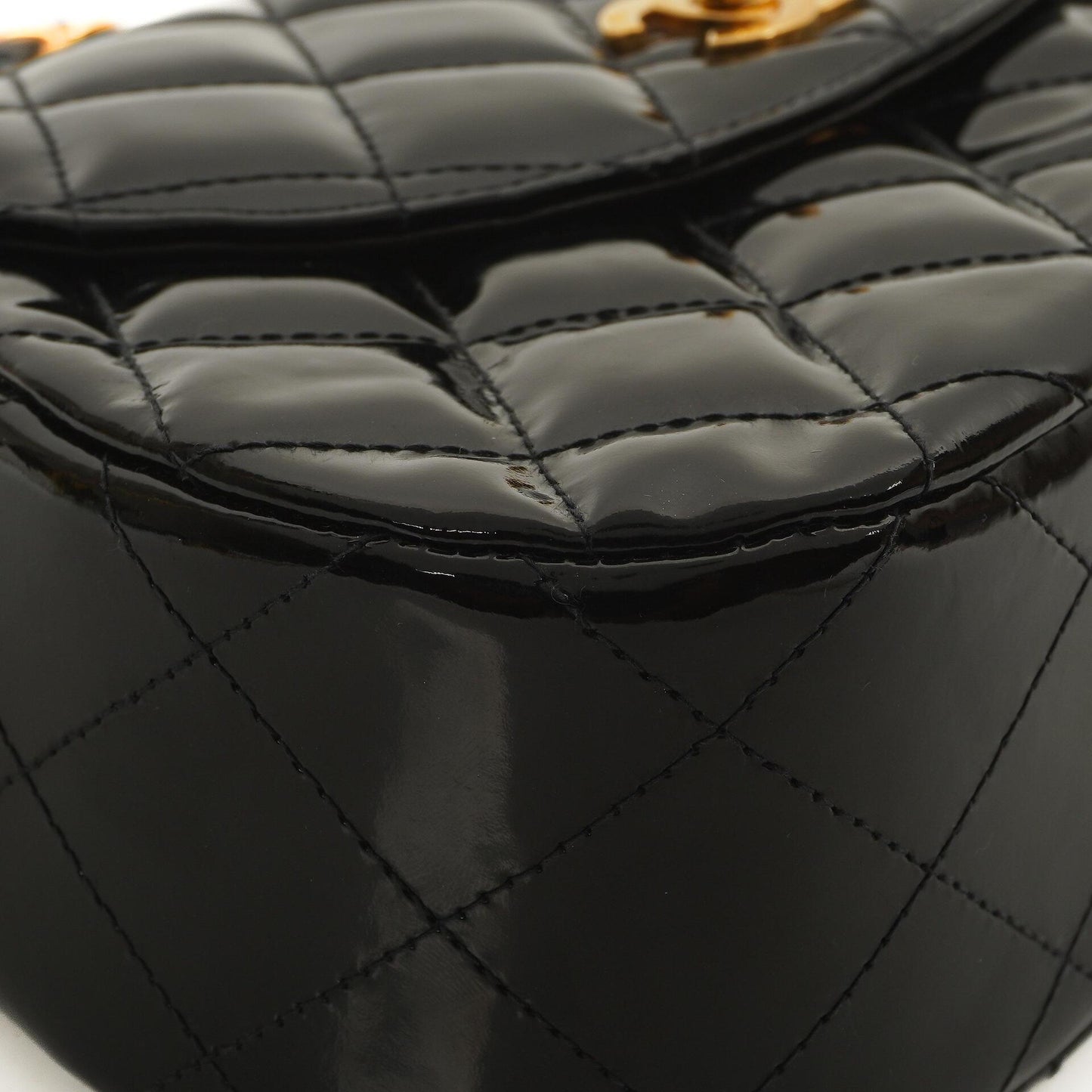 Chanel Chain Top Handle Single Flap Bag Black Quilted Patent Leather 24K Gold-Plated Hardware