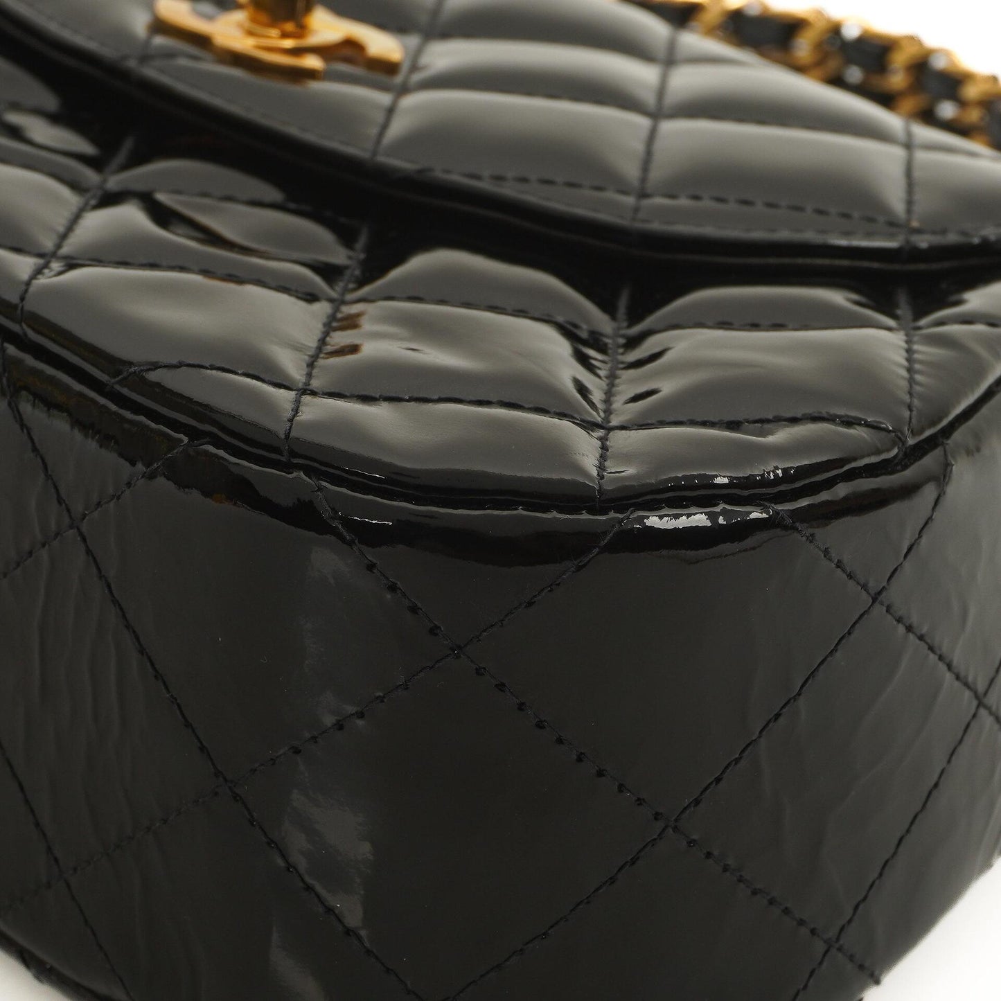 Chanel Chain Top Handle Single Flap Bag Black Quilted Patent Leather 24K Gold-Plated Hardware