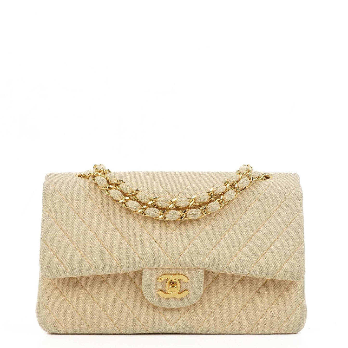 Chanel Chevron Medium Double Flap Bag In Beige Quilted Jersey And 24K Gold-Plated Hardware