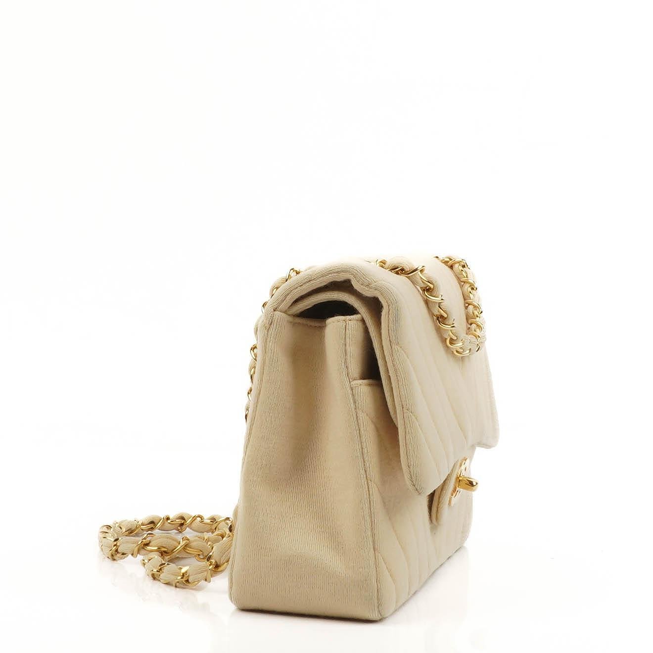 Chanel Chevron Medium Double Flap Bag In Beige Quilted Jersey And 24K Gold-Plated Hardware