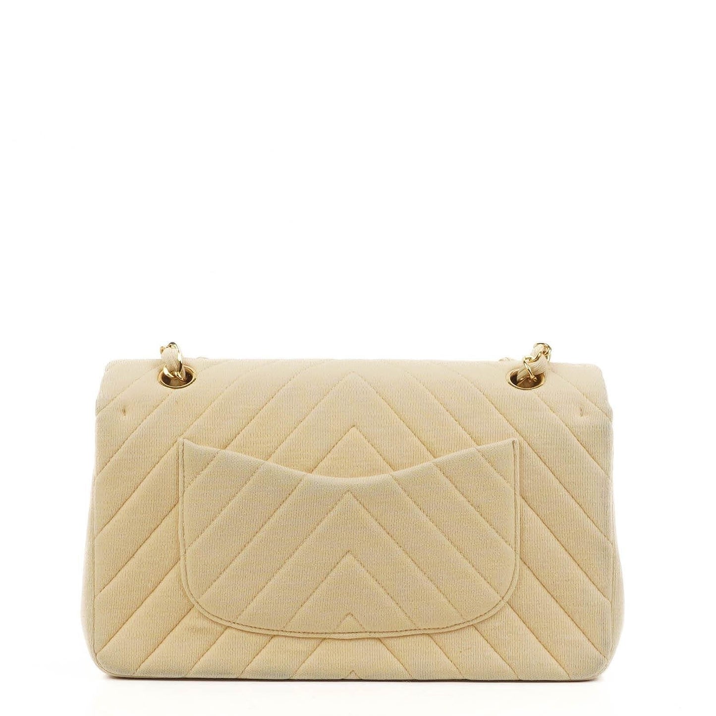 Chanel Chevron Medium Double Flap Bag In Beige Quilted Jersey And 24K Gold-Plated Hardware