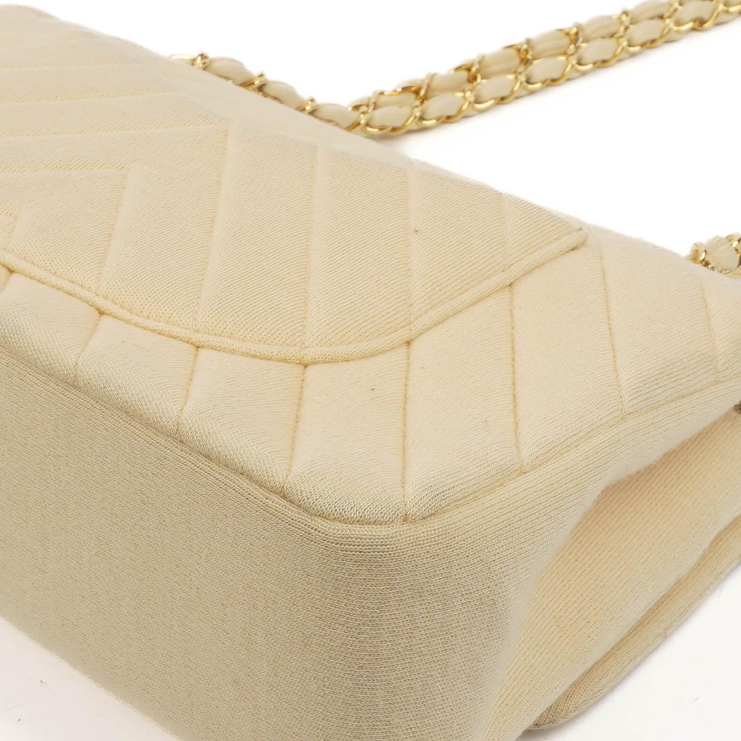 Chanel Chevron Medium Double Flap Bag In Beige Quilted Jersey And 24K Gold-Plated Hardware